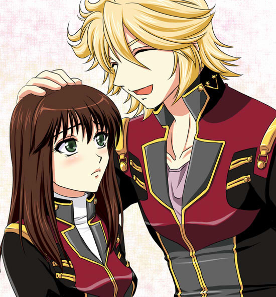 1boy 1girl bad_id bad_pixiv_id banpresto blonde_hair blush brown_hair closed_eyes couple frown green_eyes hand_on_another&#039;s_head happy hetero setsuko_ohara shiwa_(utaha) short_hair super_robot_wars super_robot_wars_z super_robot_wars_z1 toby_watson turtleneck uniform