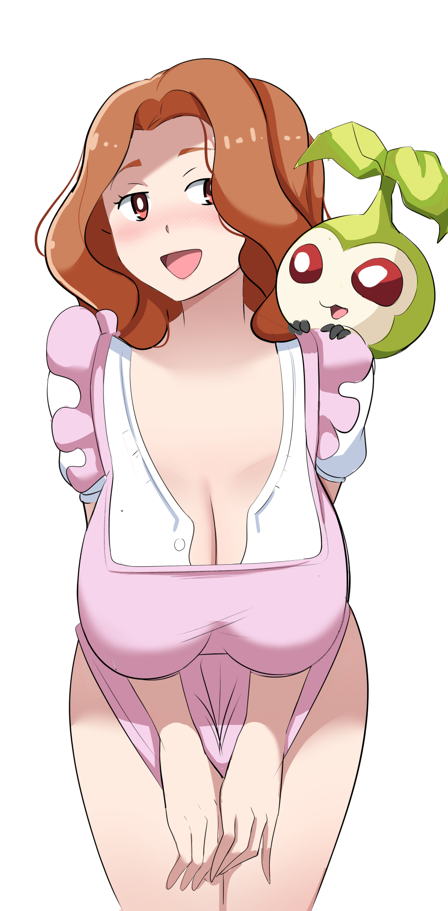 2girls aged_up breasts brown_eyes brown_hair digimon digimon_adventure hanging_breasts highres large_breasts leaning_forward mature_female multiple_girls nightgown open_mouth pabsmikan red_eyes simple_background tachikawa_mimi tanemon white_background