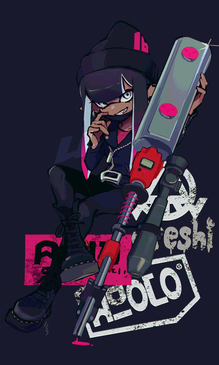 1girl adjusting_mask beanie black_boots black_hair black_hat black_mask black_pants blue_background blue_jacket blunt_bangs boots collarbone commentary dark-skinned_female dark_skin e-liter_4k_(splatoon) earrings full_body gradient_hair grin hat highres holding holding_weapon imaikuy0 inkling inkling_girl inkling_player_character invisible_chair jacket jewelry long_hair long_sleeves looking_at_viewer mask mouth_mask multicolored_hair nintendo pants pink_hair pink_shirt pointy_ears shirt sitting smile solo splatoon_(series) symbol-only_commentary tentacle_hair two-tone_hair weapon white_eyes zipper zipper_pull_tab