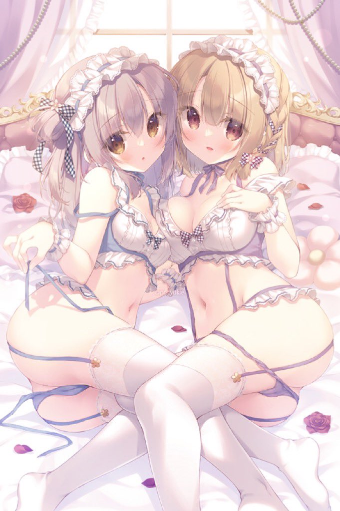 2girls ass bed_sheet blue_nails blue_panties blush breasts brown_eyes brown_hair cleavage commentary_request curtains day flower frilled_pillow frills hand_up indoors long_hair looking_at_viewer medium_breasts multiple_girls nail_polish navel no_shoes on_bed original panties panty_pull parted_lips pillow purple_panties red_flower red_rose rose side-tie_panties smile sunlight thighhighs underwear untied_panties white_thighhighs window wrist_cuffs yukie_(peach_candy)