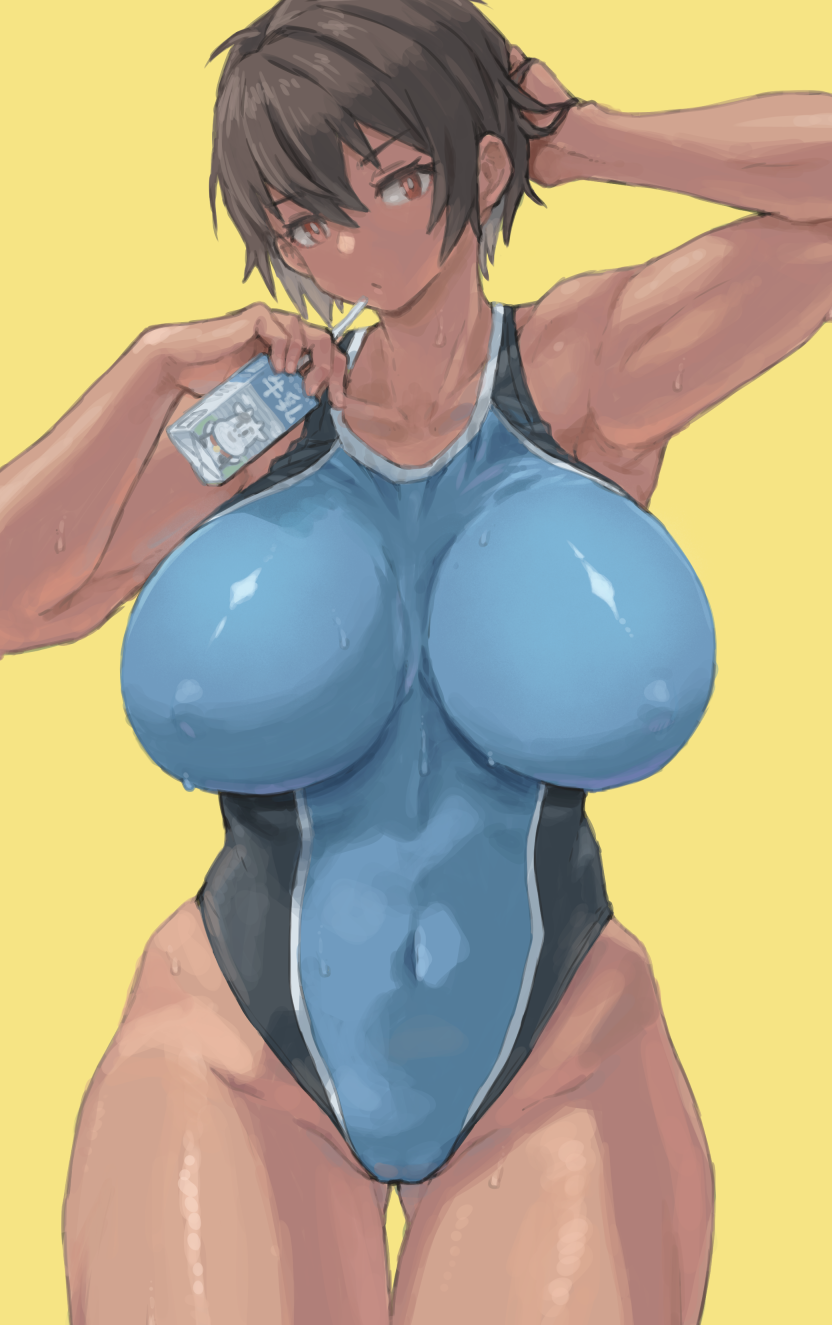 1girl armpits blue_one-piece_swimsuit breasts brown_hair collarbone covered_erect_nipples covered_navel dark-skinned_female dark_skin dated_commentary gluteal_fold highres holding_carton kei_(m_k) large_breasts looking_at_viewer m_k one-piece_swimsuit original red_eyes short_hair solo swimsuit thighs tomboy wet wet_clothes wet_swimsuit yellow_background