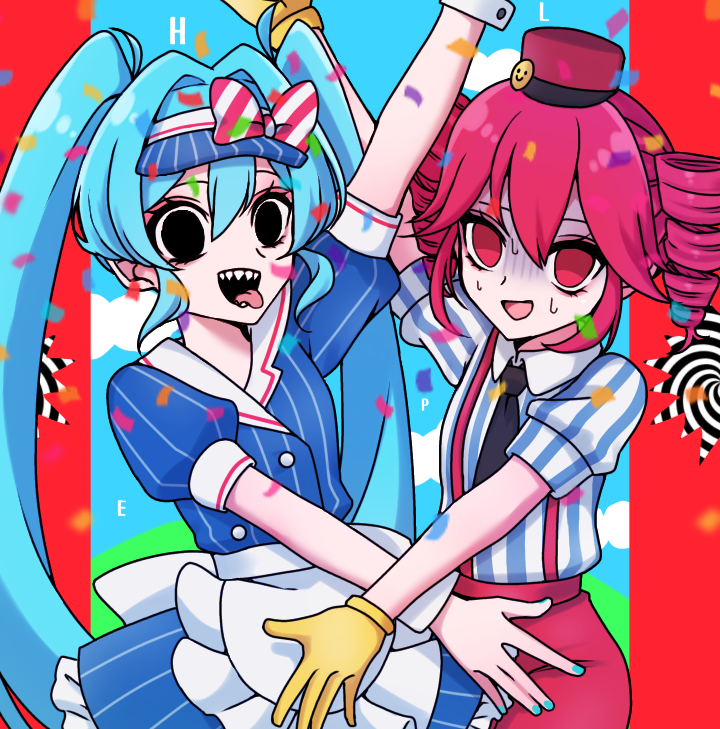 2girls apron black_eyes black_necktie blue_dress blue_hair blue_nails bow buttons collared_shirt commentary confetti diagonal-striped_bow double-breasted dress drill_hair flat_chest floral_ice frilled_apron frills gloves hair_between_eyes hair_intakes hat hatsune_miku kasane_teto long_hair mesmerizer_(vocaloid) multiple_girls necktie open_mouth pants pink_hair pink_pants puffy_short_sleeves puffy_sleeves red_eyes red_hat sharp_teeth shirt short_sleeves smile striped_clothes striped_dress striped_shirt suspenders sweat teeth tongue tongue_out turn_pale twin_drills twintails vertical-striped_clothes vertical-striped_dress vertical-striped_shirt visor_cap vocaloid waist_apron waitress white_apron white_shirt wrist_cuffs yellow_gloves