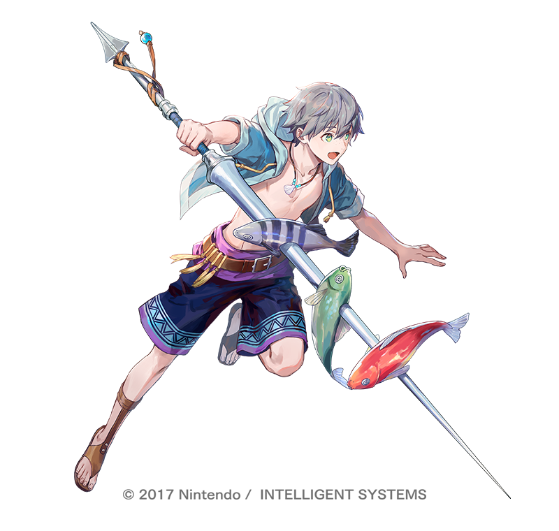 1boy ashe_ubert ashe_ubert_(summer) azu-taro basket belt blue_jacket copyright_notice fire_emblem fire_emblem:_three_houses fire_emblem_heroes fish full_body green_eyes grey_hair holding holding_polearm holding_weapon hood hooded_jacket jacket jewelry jumping male_focus male_swimwear necklace nintendo official_alternate_costume official_art open_clothes open_jacket open_mouth polearm sandals shell shell_necklace short_hair short_sleeves simple_background smile solo swim_trunks weapon white_background