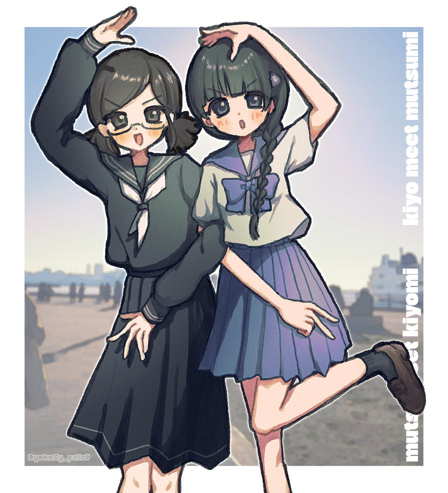 2girls :d :o arm_up black_hair black_serafuku black_socks blue_bow blue_bowtie blue_sailor_collar blue_skirt blunt_bangs blush border bow bowtie braid braided_ponytail brown_shoes character_name commentary_request idolmaster idolmaster_cinderella_girls locked_arms long_hair long_sleeves looking_at_viewer magawa_noi multiple_girls neckerchief open_mouth pleated_skirt saejima_kiyomi sailor_collar school_uniform serafuku shirt shoes short_sleeves skirt smile socks standing standing_on_one_leg swept_bangs twintails twitter_username ujiie_mutsumi v white_border white_neckerchief white_shirt