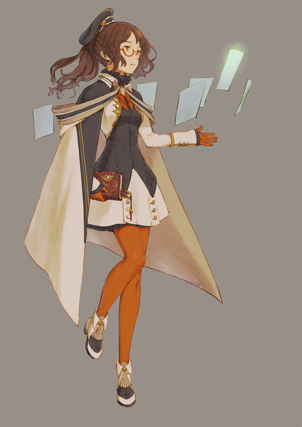 1girl artist_name black_hat black_shoes brown_background brown_hair cape dress floating floating_object full_body glasses gloves hat highres long_hair long_sleeves moryo orange_gloves orange_legwear original ponytail red-framed_eyewear semi-rimless_eyewear shoes simple_background solo under-rim_eyewear