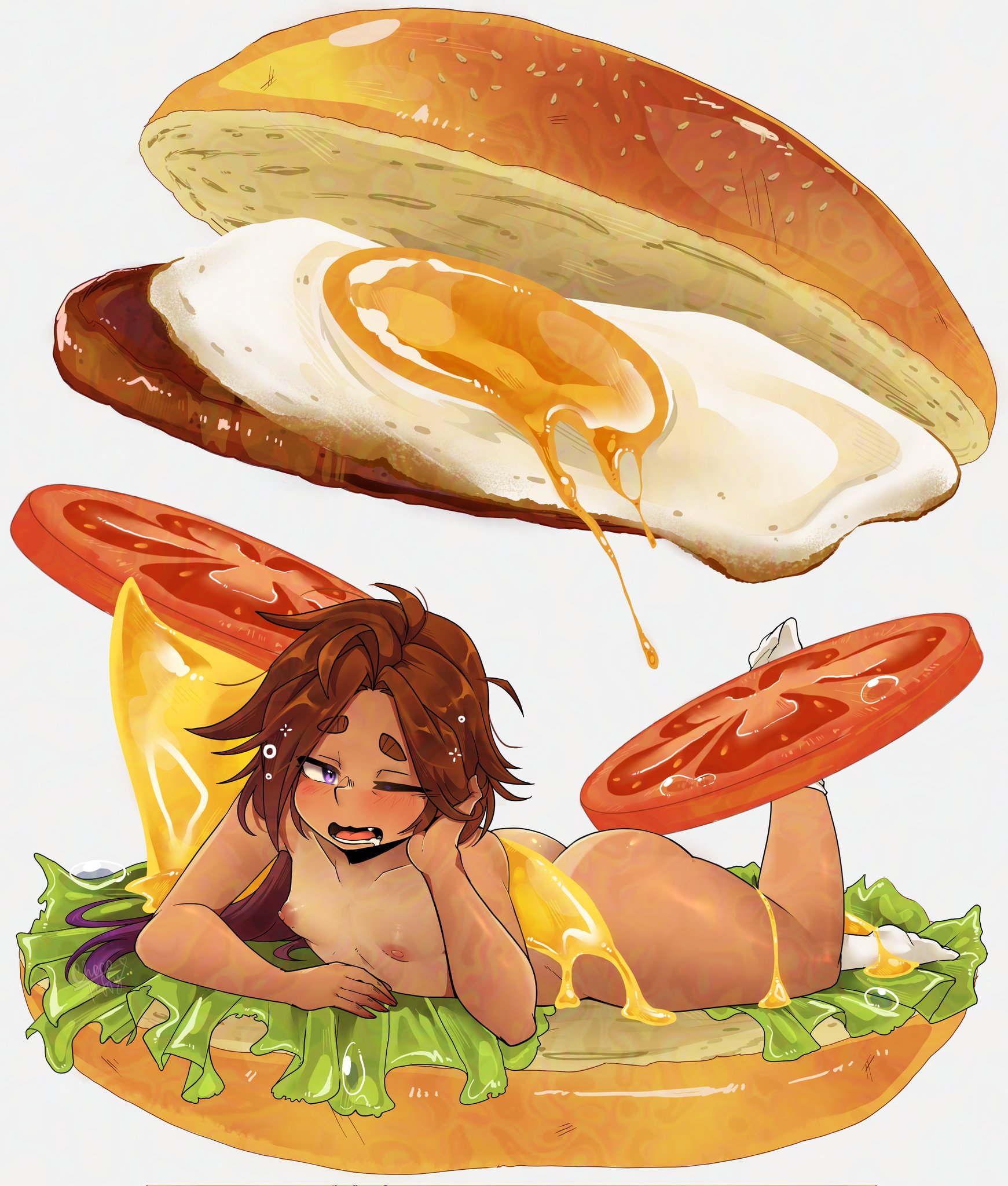 1girl ass breasts brown_hair burger cheese chocotoffy commentary completely_nude drooling english_commentary fang food fried_egg full_body gradient_hair highres lettuce lying mini_person minigirl multicolored_hair nipples nude on_stomach open_mouth original petite purple_eyes purple_hair raised_eyebrow small_breasts socks solo tan tanline thick_eyebrows thighs tomato waking_up watermark white_socks
