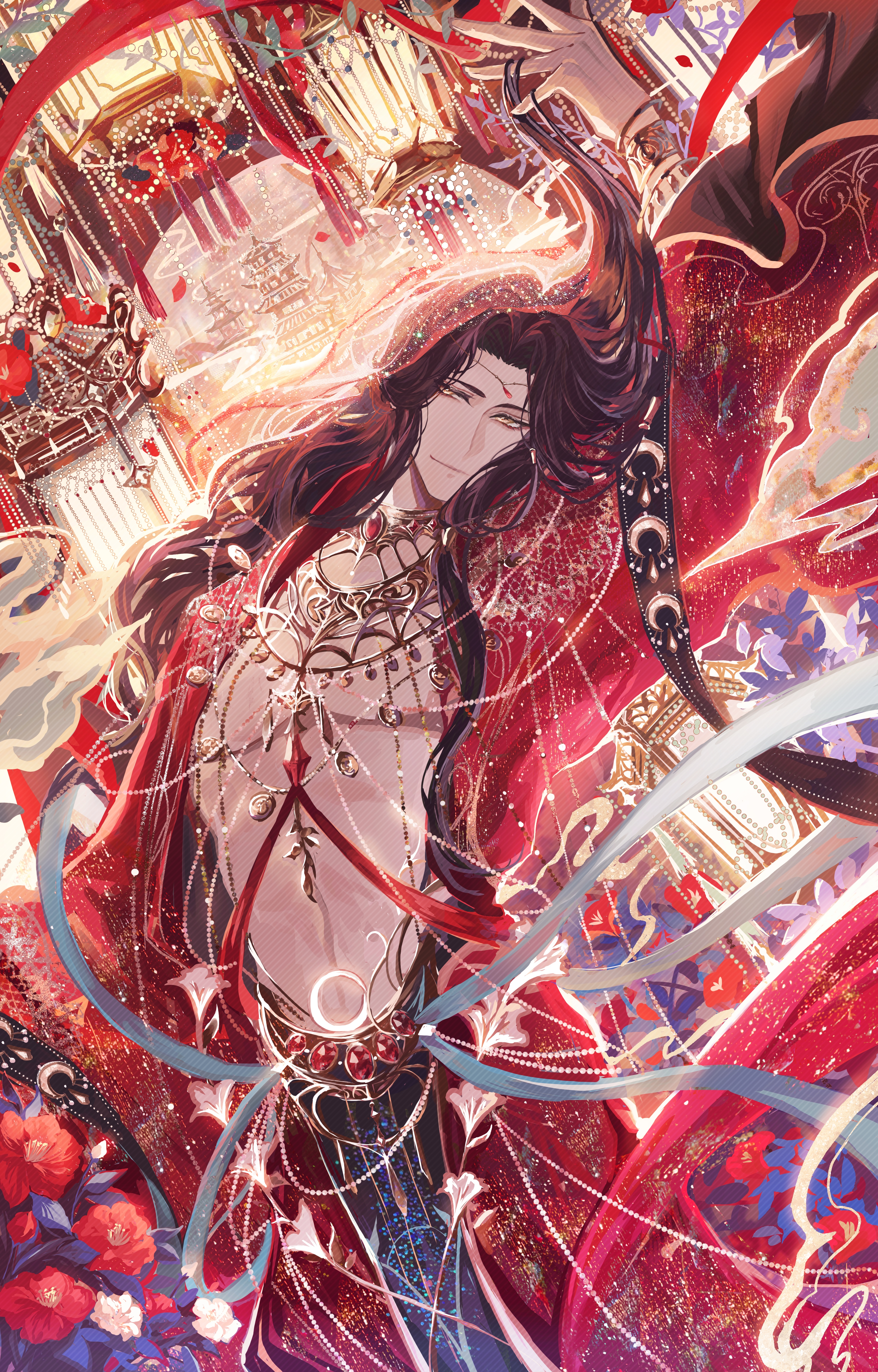 1boy absurdres architecture black_hair building chinese_clothes closed_mouth code:_kite cowboy_shot crescent curtained_hair east_asian_architecture falling_petals flower gem gold_necklace hair_tubes hand_up hanfu head_chain highres jewelry lantern liu_bian_(code:_kite) long_hair long_sleeves looking_at_viewer lying male_focus necklace on_side open_clothes open_robe parted_bangs petals red_flower red_gemstone red_robe red_veil robe sitting smoke snow234 solo underpec veil wavy_hair white_flower yellow_eyes