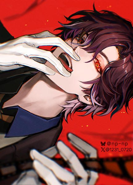 1boy artist_name blue_shirt bluesky_logo bluesky_username brown_coat brown_hair coat collared_shirt commentary english_commentary film_reel gloves hair_between_eyes hands_up honkai:_star_rail honkai_(series) looking_at_viewer male_focus mr._reca_(honkai:_star_rail) np_(1231_0720) open_mouth parted_bangs red_background red_eyes shirt short_hair sideways simple_background solo teeth tongue tongue_out twitter_username twitter_x_logo upper_body upper_teeth_only white_gloves