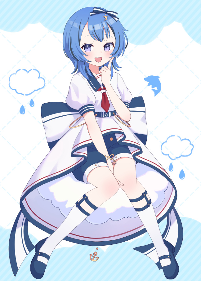 1girl between_legs blue_eyes blue_hair blue_ribbon blue_shoes blue_shorts commission dolphin_hair_ornament dress finger_to_cheek full_body furutori hand_between_legs kneehighs looking_at_viewer mary_janes necktie open_mouth original red_necktie ribbon sailor_dress shoes short_sleeves shorts sitting skeb_commission smile socks solo teeth two-tone_ribbon upper_teeth_only water_drop white_dress white_ribbon white_socks