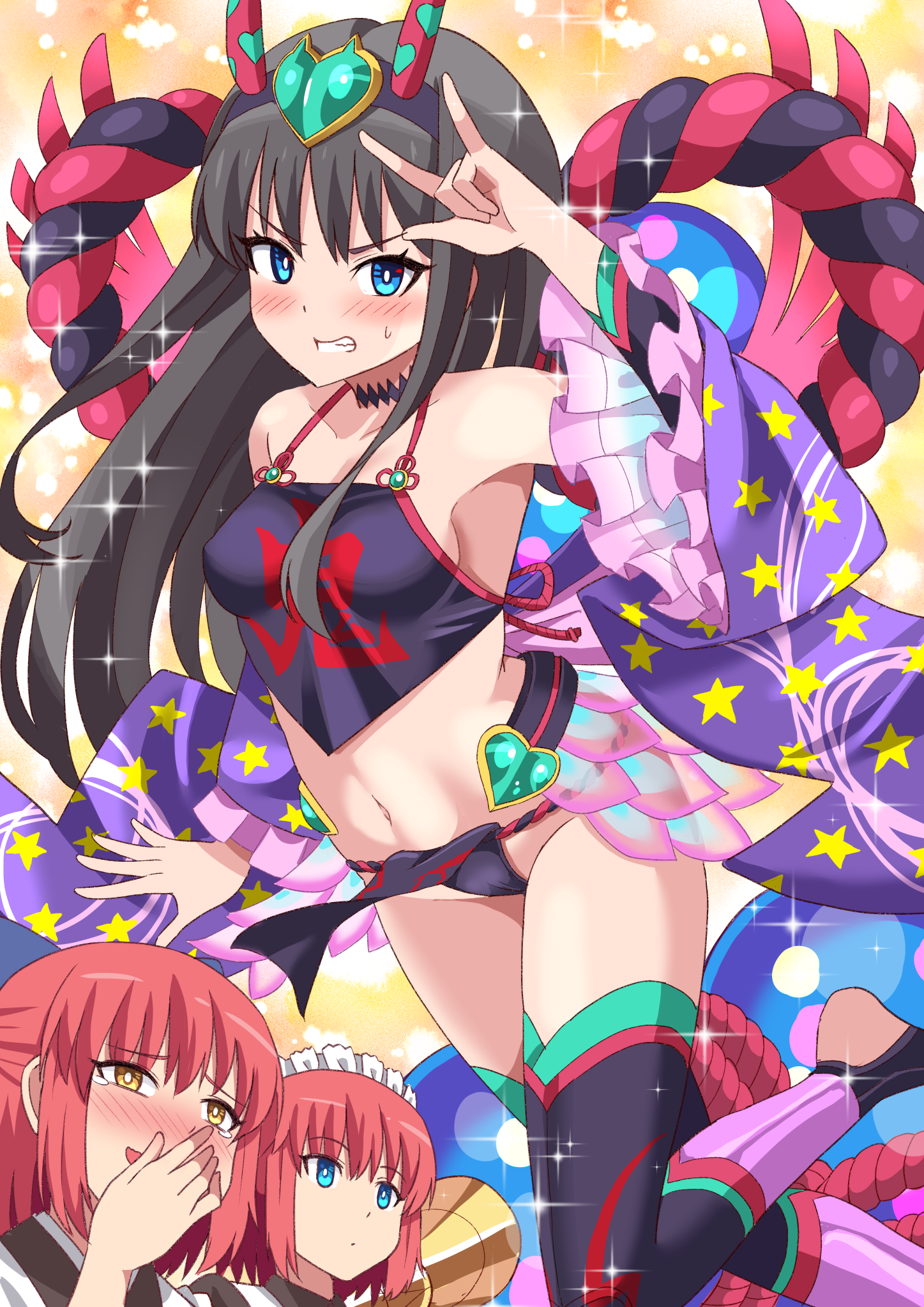 3girls bare_shoulders black_dress black_fundoshi black_hair black_thighhighs blue_eyes breasts chinese_clothes clenched_teeth collarbone commission cosplay detached_sleeves dress dudou fake_horns fate/grand_order fate_(series) forehead_jewel fundoshi hairband highres hisui_(tsukihime) horns japanese_clothes kohaku_(tsukihime) laughing long_hair looking_at_viewer maid_headdress medium_breasts multiple_girls navel pink_hair pixiv_commission rope shimouki_izui short_hair shuten_douji_(fate) shuten_douji_(fate/grand_order) shuten_douji_(halloween_caster)_(fate) shuten_douji_(halloween_caster)_(fate)_(cosplay) siblings sisters skin-covered_horns smile sparkle teeth thighhighs tohno_akiha tsukihime twins yellow_eyes