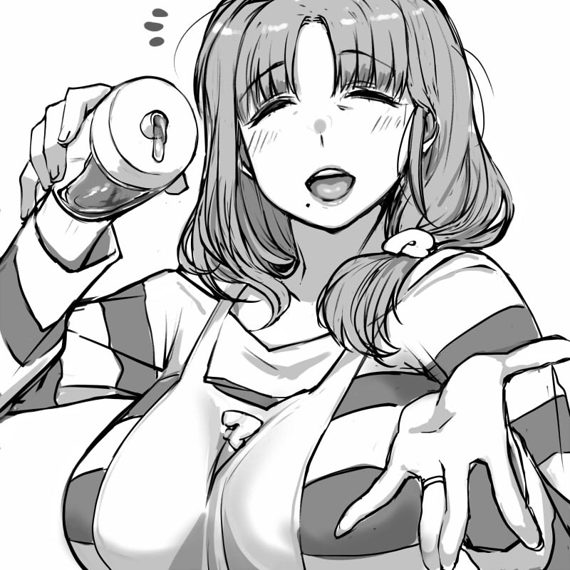 1girl ^_^ apron bottle breasts closed_eyes collarbone facing_viewer holding holding_bottle indie_virtual_youtuber jewelry keshin large_breasts mature_female medium_breasts medium_hair mole mole_under_eye notice_lines open_mouth parted_bangs ring shirt simple_background solo striped_clothes striped_shirt tsukushibara_sumine virtual_youtuber white_background