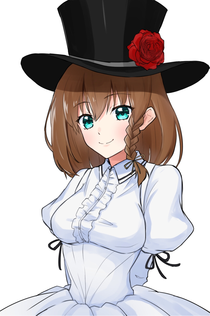 1girl alternate_breast_size aqua_eyes arms_behind_back black_hat braid breasts brown_hair charlotte_corday_(fate) charlotte_corday_(third_ascension)_(fate) dress fate/grand_order fate_(series) flower hat hat_flower juliet_sleeves long_sleeves medium_breasts medium_hair puffy_sleeves red_flower red_rose rose side_braid smile solo top_hat torinonest upper_body white_dress