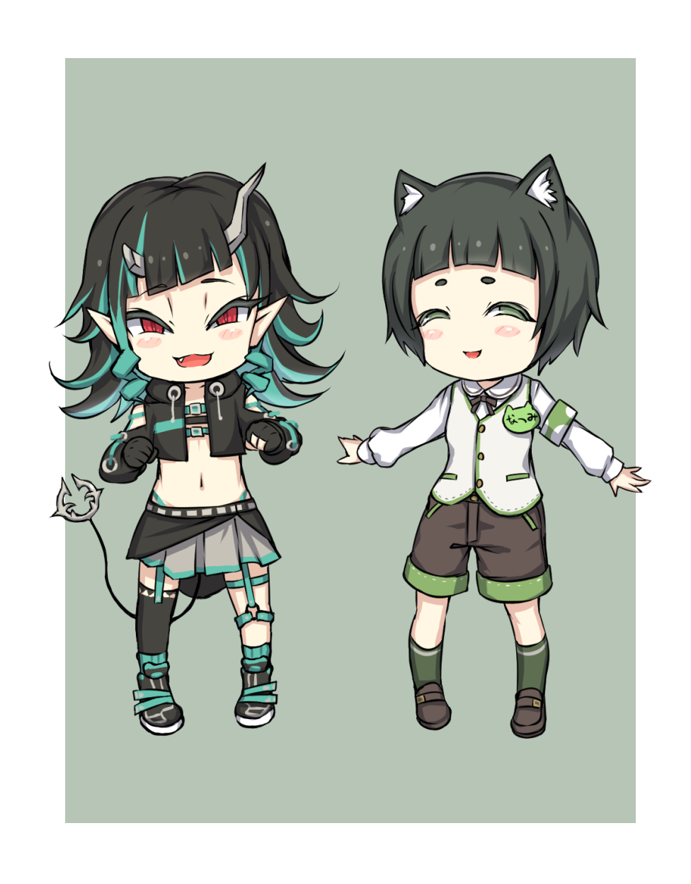 2girls nanashi_inc. animal_ear_fluff animal_ears animare belt belt_bra black_footwear black_gloves black_hair black_jacket black_legwear black_ribbon black_shorts black_skirt blue_belt blue_hair blue_socks blunt_bangs blush breasts chest_belt clothing_cutout commentary_request cropped_jacket cross-laced_clothes cross-laced_sleeves demon_girl demon_horns demon_tail dog_ears fang flat_chest full_body garter_straps gloves green_background green_eyes green_legwear grey_skirt hashiba_natsumi_(animare) highres horns jacket layered_skirt long_hair long_sleeves looking_at_viewer midriff multicolored_hair multiple_girls navel neck_ribbon open_clothes open_jacket open_mouth partially_fingerless_gloves pointy_ears red_eyes ribbon rose22 shishio_chris shoes short_hair shorts shoulder_cutout simple_background single_thighhigh skirt small_breasts smile smug sneakers socks sugar_lyric tail thick_eyebrows thighhighs two-tone_background two-tone_hair vest virtual_youtuber white_background white_vest zipper_skirt