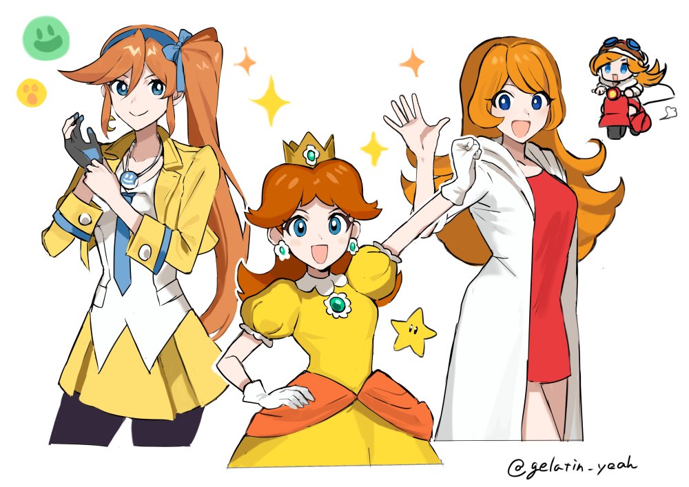 3girls :d ace_attorney athena_cykes black_gloves blue_bow blue_eyes blue_necktie bow brown_hair chibi chibi_inset closed_mouth coat collared_shirt crescent crescent_earrings crossover dress earrings flipped_hair flower_earrings gloves gumi_(gelatin) hair_between_eyes hair_bow jacket jewelry long_hair long_sleeves looking_at_viewer mario_(series) mona_(warioware) motor_vehicle motorcycle multiple_girls necktie nintendo on_motorcycle open_mouth orange_hair pantyhose parted_bangs partially_fingerless_gloves princess_daisy puffy_short_sleeves puffy_sleeves red_dress shirt short_sleeves side_ponytail single_earring single_glove skirt smile super_star_(mario) twitter_username very_long_hair warioware white_background white_coat white_shirt yellow_dress yellow_jacket yellow_skirt