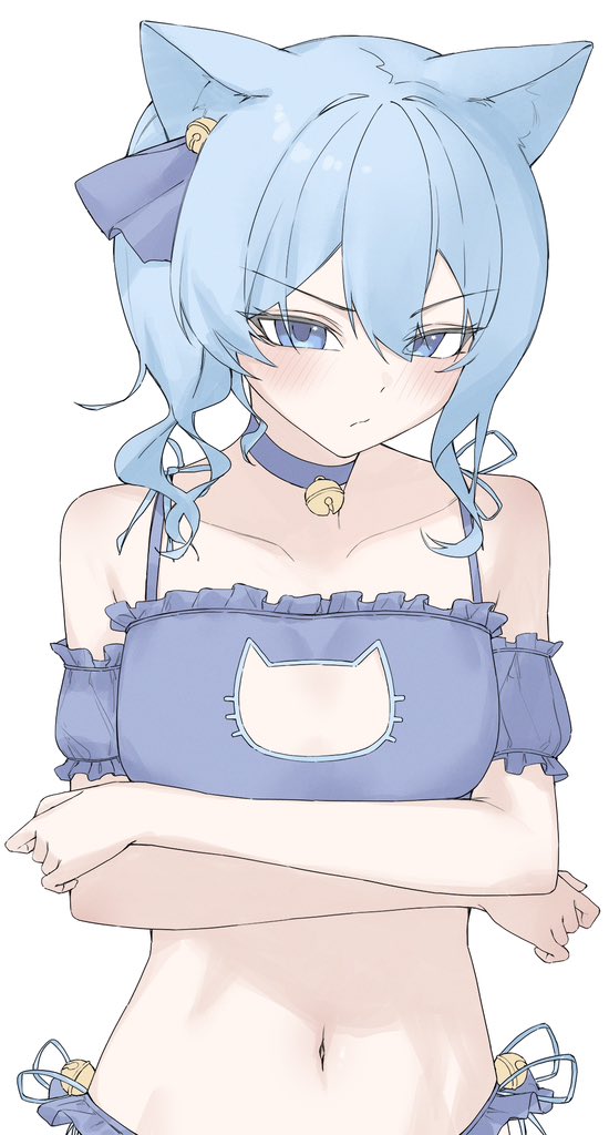 1girl animal_costume animal_ears arms_under_breasts bell blue_choker blue_eyes blue_hair blush cat_cutout cat_ears cat_girl cat_lingerie choker cleavage_cutout clothing_cutout crossed_arms embarrassed flat_chest hair_between_eyes hololive hoshimachi_suisei jingle_bell kemonomimi_mode looking_at_viewer meme_attire midriff neck_bell panties raeis side-tie_panties simple_background solo underwear virtual_youtuber white_background