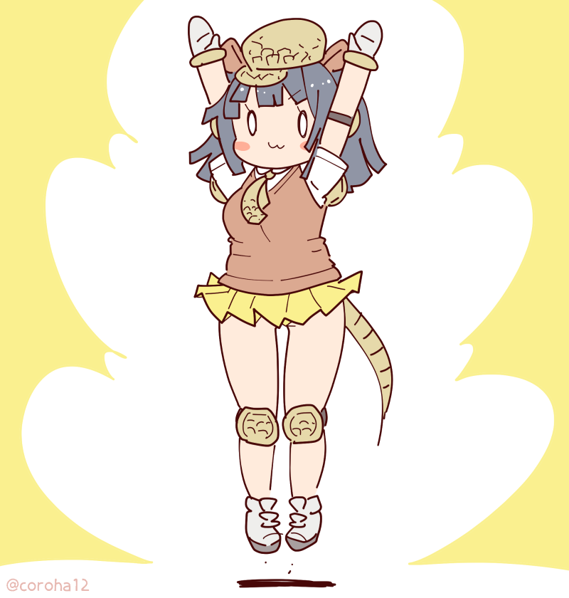 1girl armadillo_ears armadillo_tail arms_up black_hair coroha full_body giant_armadillo_(kemono_friends) gloves hat jumping kemono_friends long_hair looking_at_viewer necktie shirt shoes simple_background skirt solo sweater_vest yellow_background