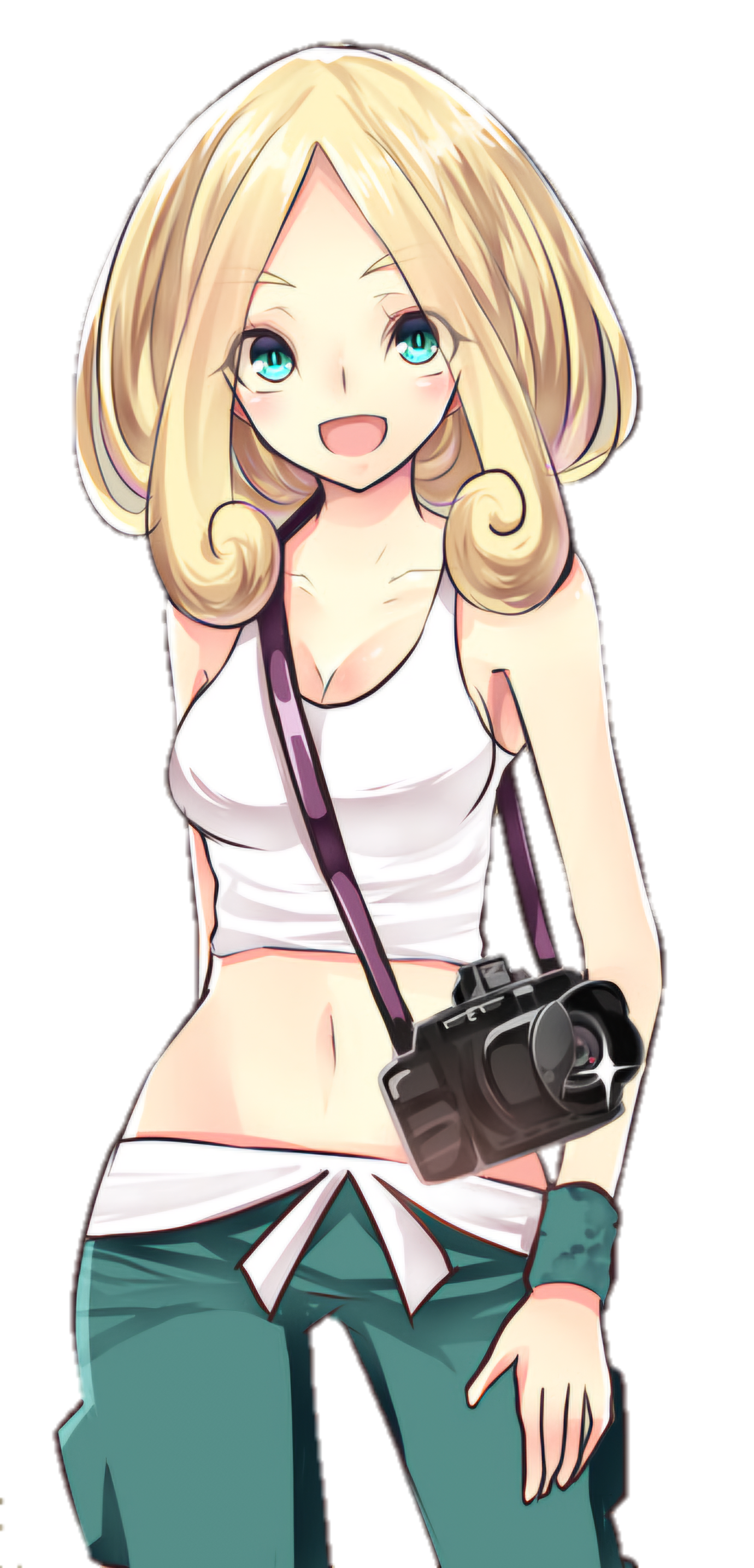 1girl absurdres aqua_eyes blonde_hair blue_eyes breasts camera capri_pants crop_top e-co happy highres midriff navel nintendo pants pokemon pokemon_xy shirt stomach transparent_background viola_(pokemon)