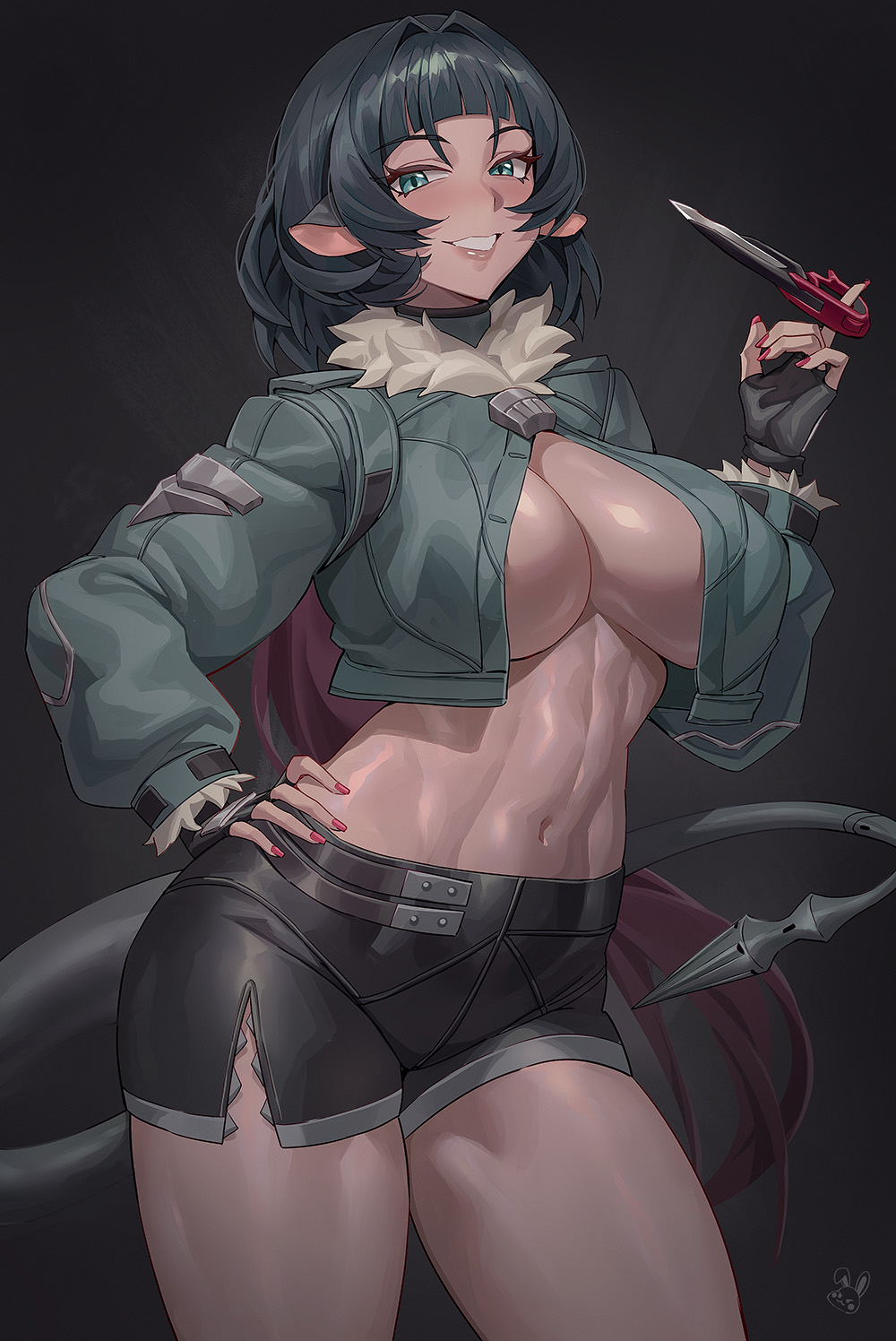 1girl alternate_breast_size animal_ears black_gloves black_hair black_shorts blunt_bangs breasts celyn404 combat_knife cowboy_shot crop_top crop_top_overhang cropped_jacket fingerless_gloves fingernails fur_collar gloves green_eyes green_jacket hair_intakes hand_on_own_hip hand_up highres index_finger_raised jacket jane_doe_(zenless_zone_zero) knife large_breasts legs_apart linea_alba lips long_hair long_sleeves long_tail looking_at_viewer mechanical_tail mouse_ears multicolored_hair nail_polish navel no_bra no_legwear red_hair red_nails sharp_tail short_shorts shorts smile solo spinning_weapon stomach tail thighhighs toned toned_female turtleneck turtleneck_jacket two-tone_hair very_long_hair weapon zenless_zone_zero