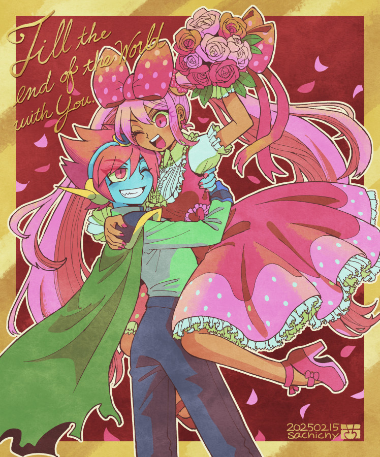 1boy 1girl aizawa_sachi black_pants blue_gloves blue_skin bouquet cape captain_spaceboy colored_sclera colored_skin dark-skinned_female dark_skin dated dress fingerless_gloves flower gloves green_cape green_shirt grin high_heels holding holding_bouquet hug long_hair long_sleeves looking_at_another omori one_eye_closed pants parted_lips pink_dress pink_eyes pink_hair pink_nails puffy_short_sleeves puffy_sleeves shirt short_hair short_sleeves smile sweetheart_(omori) teeth twintails upper_teeth_only yellow_sclera