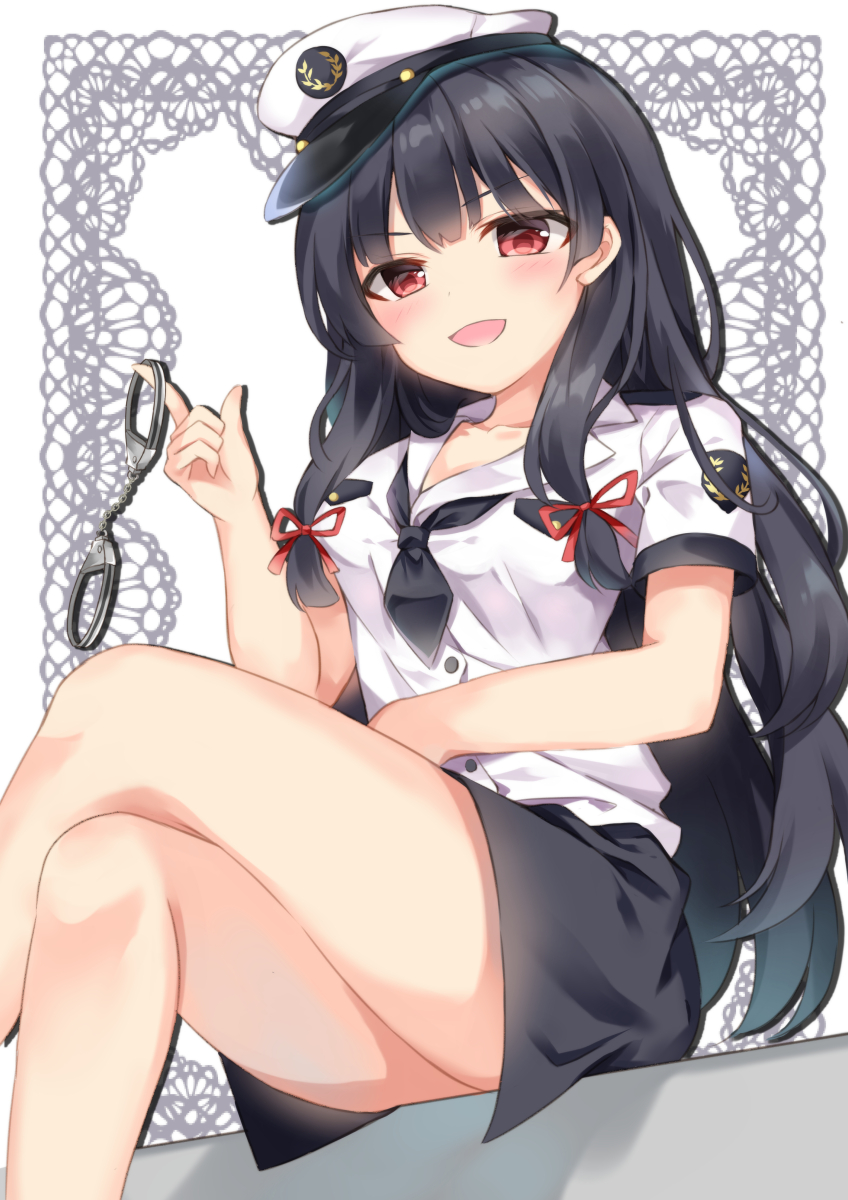 1girl :d arm_across_waist arm_rest black_hair black_neckerchief black_skirt blush border breasts collarbone crossed_legs cuffs feet_out_of_frame female_focus hair_ribbon hand_up handcuff_dangle handcuffs hat head_tilt highres holding holding_handcuffs index_finger_raised isokaze_(kancolle) kantai_collection lace lace_border long_hair looking_at_viewer medium_breasts neckerchief open_mouth ornate_border peaked_cap police police_hat police_uniform policewoman red_eyes red_ribbon ribbon shadow shirt short_sleeves sidelocks simple_background sitting skirt smile solo sugisaki_yuu thighs tress_ribbon upskirt very_long_hair white_background white_hat white_shirt