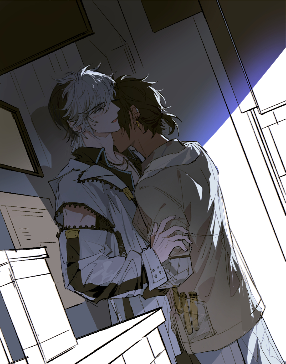 2boys arknights black_hair box brown_coat chinese_commentary coat commentary_request dark-skinned_male dark_skin dutch_angle earclip earrings elysium_(arknights) grey_eyes hand_on_another&#039;s_arm highres indoors jewelry kiss kissing_neck long_sleeves male_focus multicolored_hair multiple_boys necklace open_mouth short_hair sweatdrop test_tube thorns_(arknights) white_coat white_hair xiandao1213 yaoi