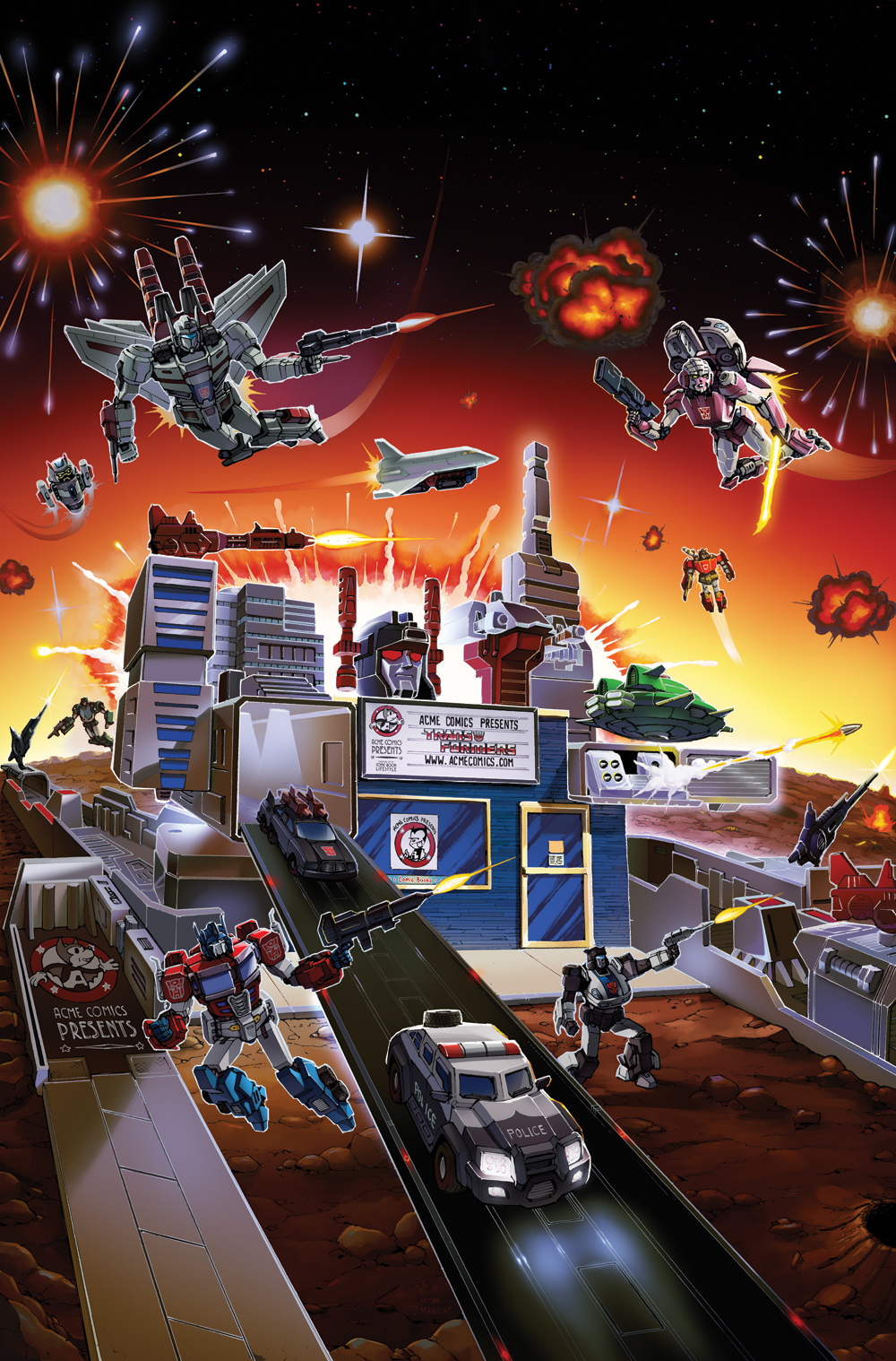 1980s_(style) arcee artist_collaboration autobot blue_eyes car casey_w._coller character_request clenched_hands comic_cover commentary cosmos_(transformers) dated energy_sword english_commentary explosion firing flying gun headlight_beam highres holding holding_gun holding_sword holding_weapon insignia jazz_(transformers) jetfire kup_(transformers) mecha metroplex motor_vehicle no_humans official_art oldschool optimus_prime prowl_(transformers) red_eyes retro_artstyle robot scamper_(transformers) science_fiction sideswipe sky_lynx space space_shuttle spacecraft star_(sky) sword transformers watermark weapon web_address
