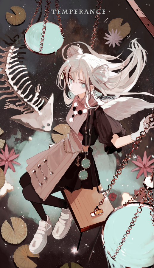 1girl aqua_eyes black_dress chain double_bun dress floating floating_hair hair_bun hand_up lily_pad on_swing original pantyhose qtonagi reflection shoes short_sleeves silver_hair sitting skeleton solo star_(sky) swing tarot temperance_(tarot) water