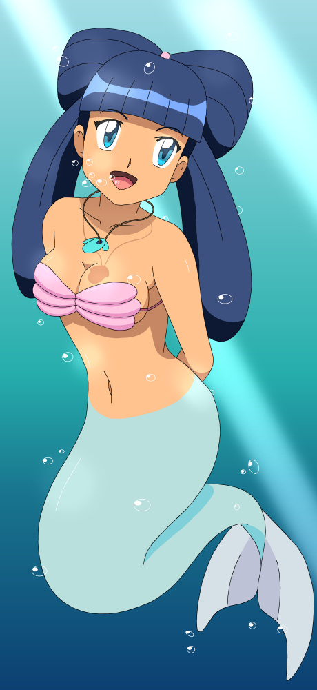 1girl arms_behind_back blue_eyes blue_hair breasts bubble dark_blue_hair james_donaldson jewelry lizabeth_(pokemon) looking_at_viewer medium_breasts mermaid monster_girl necklace nintendo pokemon pokemon_(anime) pokemon_ranger_and_the_temple_of_the_sea pokemon_rse_(anime) seashell_bikini underwater