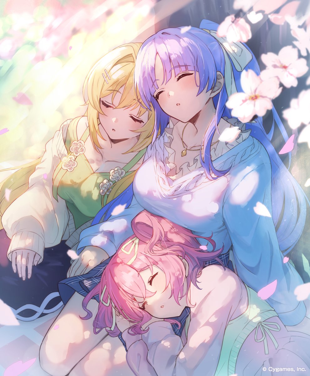 3girls against_tree blonde_hair blue_hair casual granblue_fantasy hair_intakes hair_ornament hair_ribbon hairclip highres lap_pillow mena_(shingeki_no_bahamut) mina_(shingeki_no_bahamut) mona_(shingeki_no_bahamut) multiple_girls official_alternate_costume official_art open_mouth petals pink_hair ponytail ribbon shingeki_no_bahamut siblings sisters skirt sleeping sleeping_on_person tree twintails