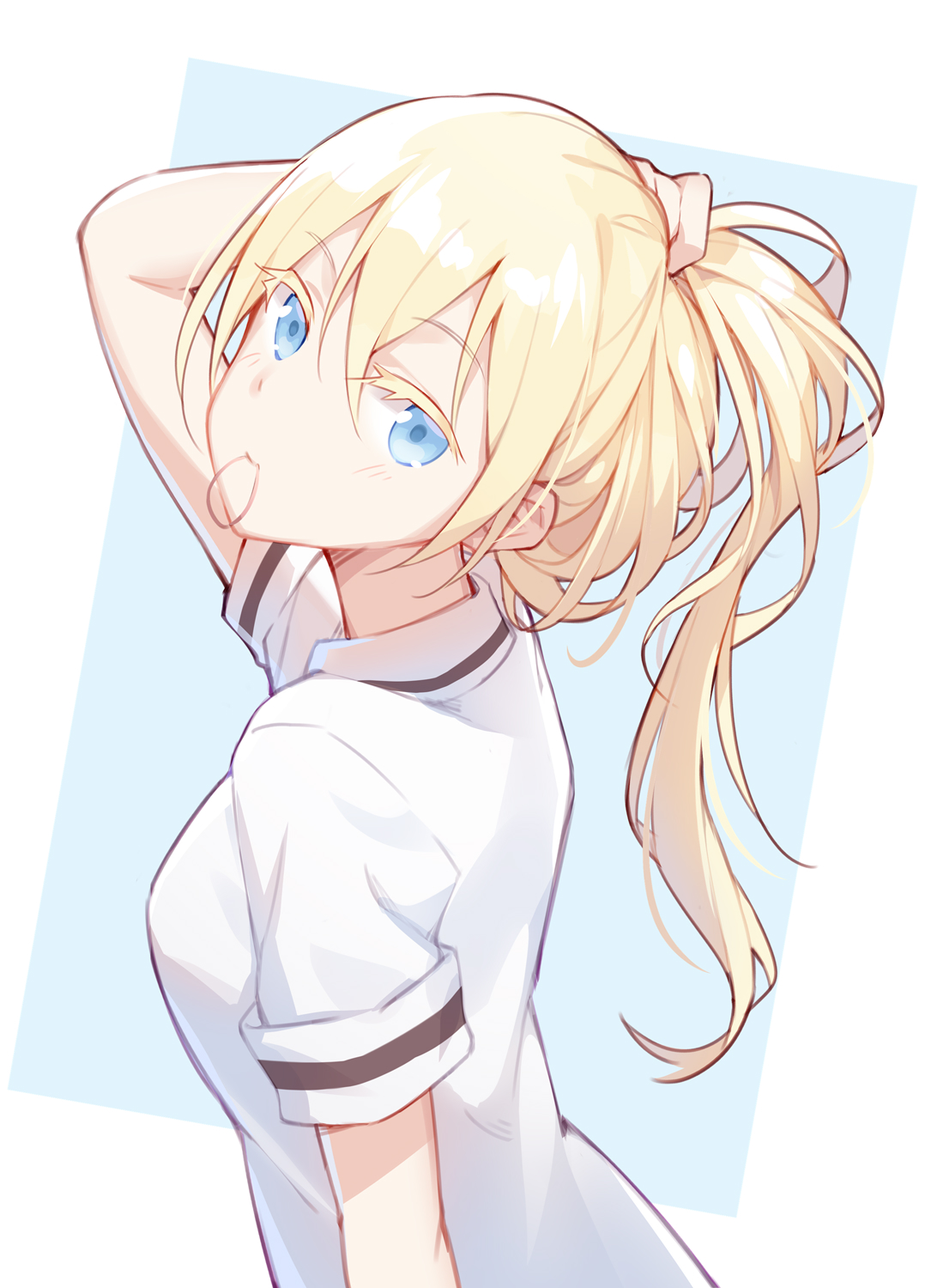 10s 1girl adjusting_hair asobi_asobase blonde_hair blue_eyes female_focus hair_tie hand_up highres holding holding_own_hair long_hair looking_at_viewer looking_back nape olivia_(asobi_asobase) quan_(kurisu_tina) school_uniform shirt solo tying_hair upper_body white_shirt
