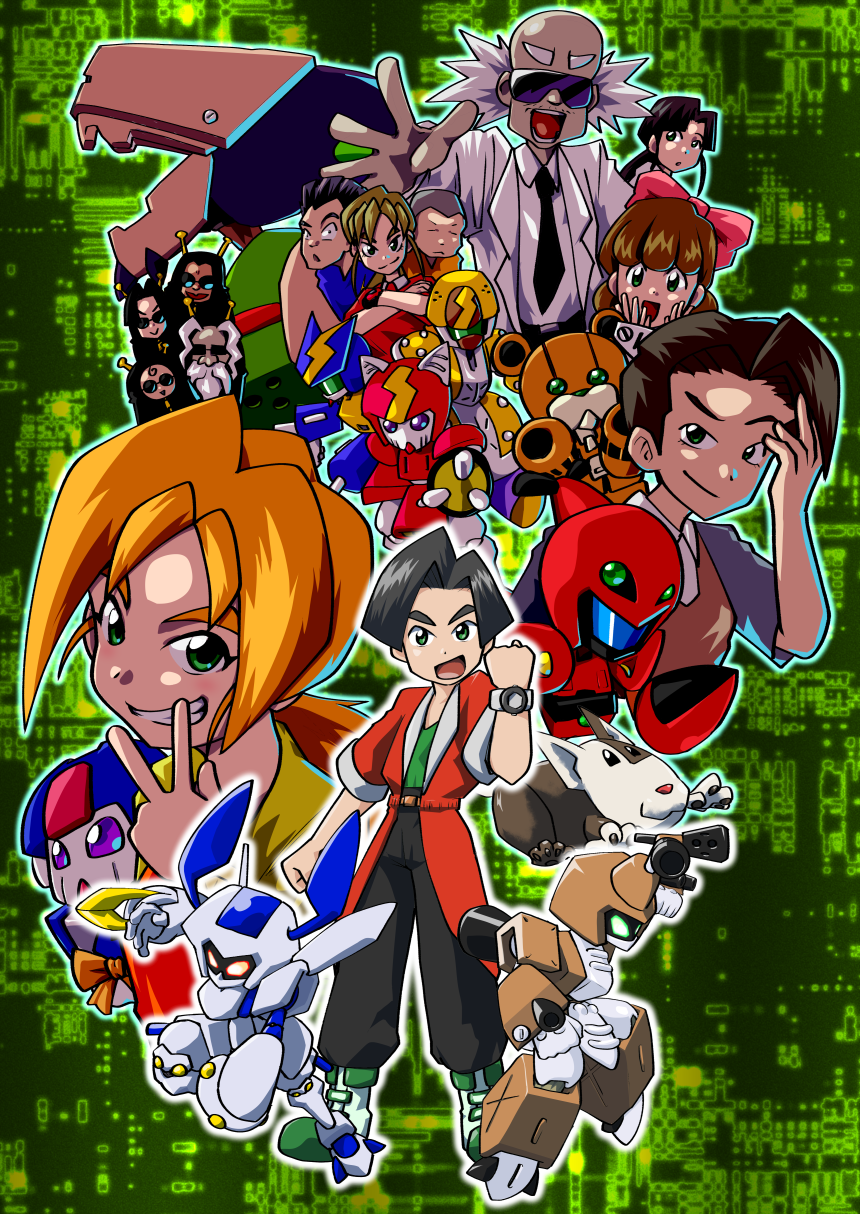 5girls 6+boys agata_hikaru akeikou akihabara_nae akita_kirara allumi_(medarot) beast_master_(medarot) betty_bear_(medarot) black_bodysuit black_hair blonde_hair bodysuit bonaparte_(medarot) bow brown_hair cyandog dr._akihabara_(medarot) everyone hair_bow highres humanoid_robot iseki_(medarot) jacket kubota_(medarot) lab_coat long_hair magenta_cat medarot medarot_1 medawatch multiple_boys multiple_girls paddy_(medarot) parted_bangs ponytail red_bow red_jacket ringlets robot rokusho_(medarot) rollstar_(medarot) rubberobo_gang short_hair smile uncle_and_niece watch wristwatch yanma_(medarot) yellow_turtle yuuki_(medarot)
