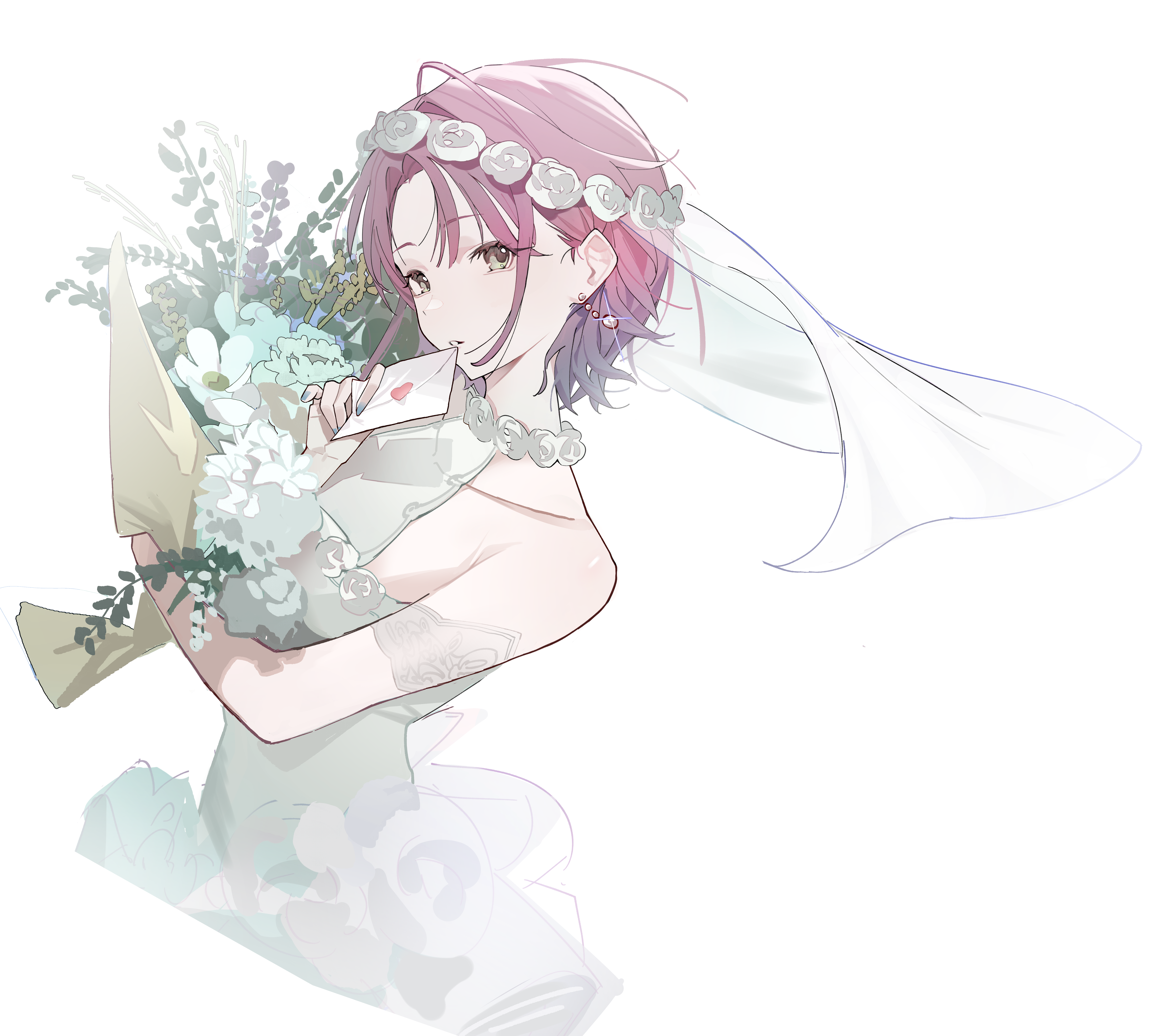 1girl absurdres alternate_eye_color alternate_hair_color asakura_toru bare_shoulders blue_nails bouquet bridal_veil brown_eyes character_request check_character check_copyright commentary copyright_request cropped_torso dress earrings flower highres holding holding_bouquet holding_letter idolmaster idolmaster_shiny_colors jewelry letter looking_at_viewer love_letter nail_polish parted_lips pink_hair short_hair shuishi_tidu simple_background solo symbol-only_commentary veil white_background white_dress