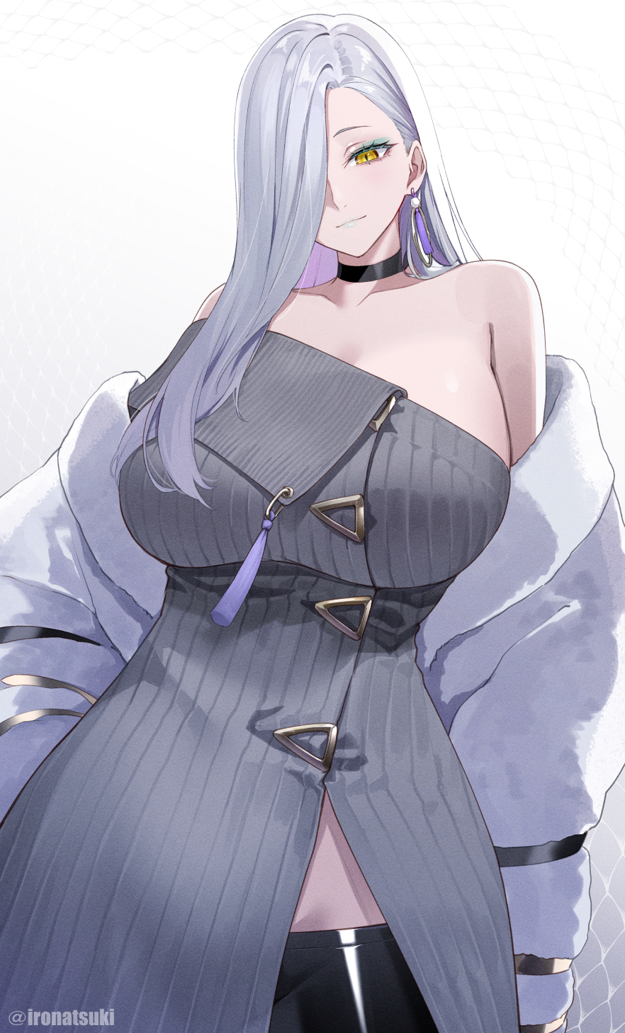 1girl bare_shoulders black_shorts blue_lips breasts choker cleavage collarbone dress earrings eyeliner fate/grand_order fate_(series) grey_dress hair_over_one_eye highres hoop_earrings ironatsuki jacket jewelry large_breasts long_hair long_sleeves looking_at_viewer makeup mrs._snake_(fate) off_shoulder mrs._snake_(fate) shorts side_slit smile solo sweater sweater_dress tassel white_hair white_jacket yellow_eyes