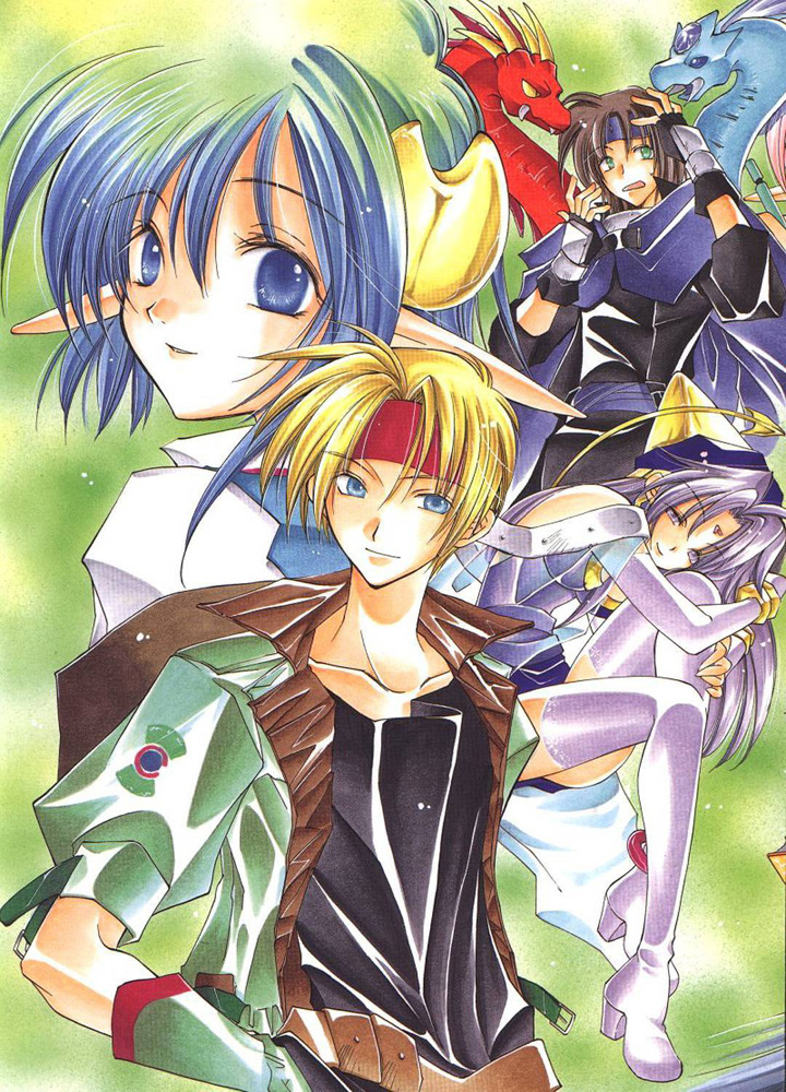 2boys 2girls ashton_anchors azuma_mayumi blonde_hair blue_eyes blue_hair boots brown_hair celine_jules claude_c._kenny crescent crescent_hair_ornament dragon green_background green_eyes grey_eyes hair_ornament hat headband jacket long_hair miniskirt multiple_boys multiple_girls official_art pointy_ears rena_lanford scan shirt short_hair silver_hair skirt smile star_ocean star_ocean_ex star_ocean_the_second_story thigh_boots thighhighs white_legwear