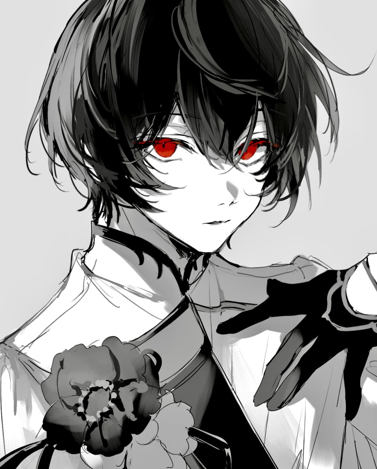 1boy black_hair closed_mouth ensemble_stars! expressionless flower gloves greyscale hair_between_eyes half_gloves hand_on_own_chest highres jacket looking_at_viewer male_focus monochrome nozz177 red_eyes sakuma_ritsu short_hair simple_background solo spot_color