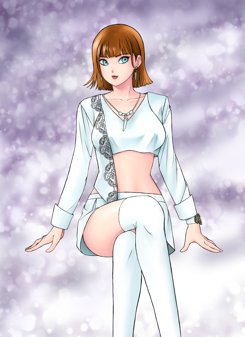 1girl avataro_sentai_donbrothers blouse blue_eyes brown_hair crop_top crossed_legs iwa jewelry necklace shirt skirt sononi sononi_(donbrothers) super_sentai thighhighs white_thighhighs