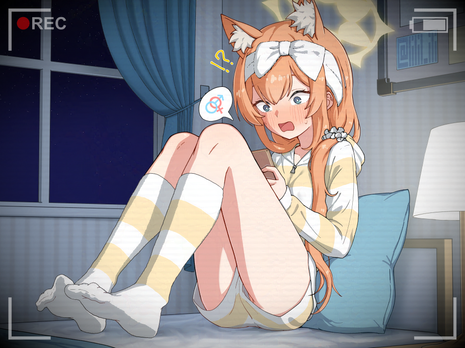 !? 1girl animal_ear_fluff animal_ears battery_indicator bed_sheet blue_archive blue_eyes blush bow cat_ears cat_girl commentary_request curtains desk_lamp extra_ears hair_bow halo headband holding holding_phone hooded_shirt implied_pornography indoors interlocked_mars_and_venus_symbols knees_up lamp long_hair long_sleeves looking_at_phone low_twintails mari_(blue_archive) mars_symbol nose_blush on_bed open_mouth orange_hair phone recording shirt short_shorts shorts sitting socks soles solo special_cat spoken_symbol striped_clothes striped_shirt striped_socks surprised thighs twintails venus_symbol white_bow white_headband wide-eyed yellow_halo zipper_pull_tab
