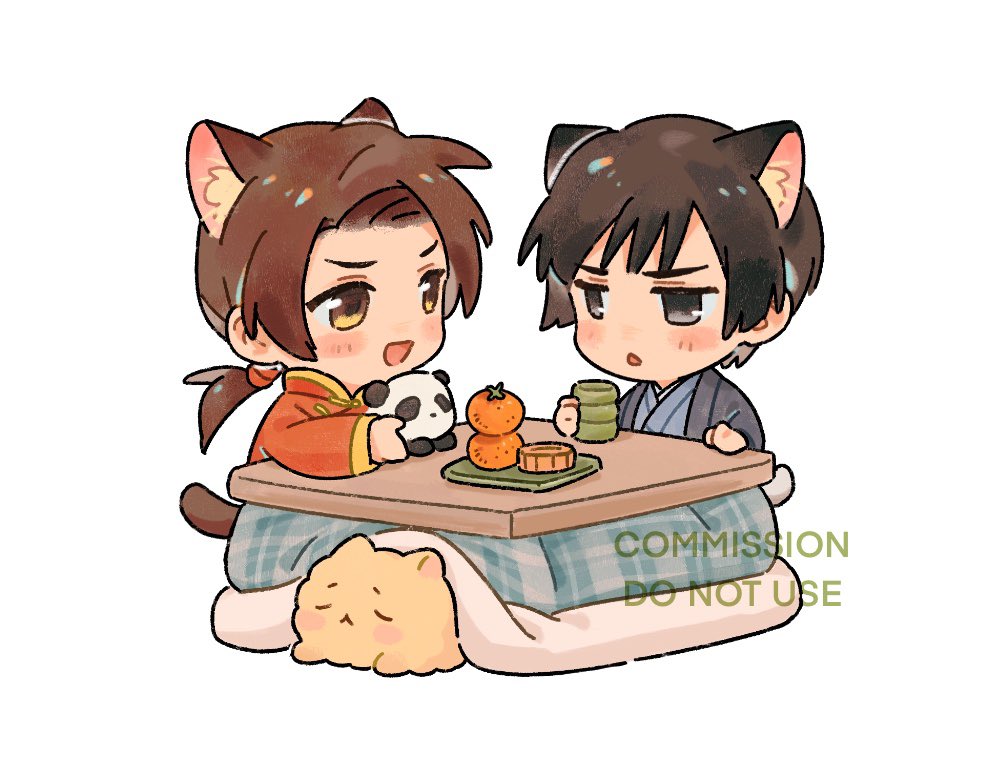 2boys animal animal_ear_fluff animal_ears axis_powers_hetalia black_eyes black_hair blanket blue_kimono blush brown_hair cat_ears cat_tail changpao chibi china_(hetalia) chinese_clothes commission cup dog dog_ears food fruit half-closed_eyes haori holding holding_cup japan_(hetalia) japanese_clothes kemonomimi_mode kimono long_hair long_sleeves looking_at_another low_ponytail mandarin_collar mandarin_orange mooncake multiple_boys open_clothes open_mouth panda panda_ears pet ponytail red_shirt shirt short_hair sidelocks simple_background sitting smile table tail tea_(candyfoxx) tray v-shaped_eyebrows watermark white_background wide_sleeves yellow_dog yellow_eyes yellow_fur yunomi