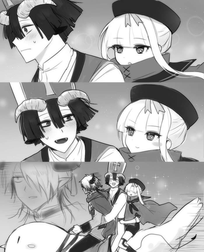 1girl 2boys 3koma animal_ears aurora_sya_lis_kaymin beret binsusoda capelet cassock comic couple demon_cleric demon_horns demon_king_tasogare fang goat_ears happy hat hetero horns long_hair maou-jou_de_oyasumi mitre multiple_boys riding sidelocks sparkle star-shaped_pupils star_(symbol) symbol-shaped_pupils very_long_hair