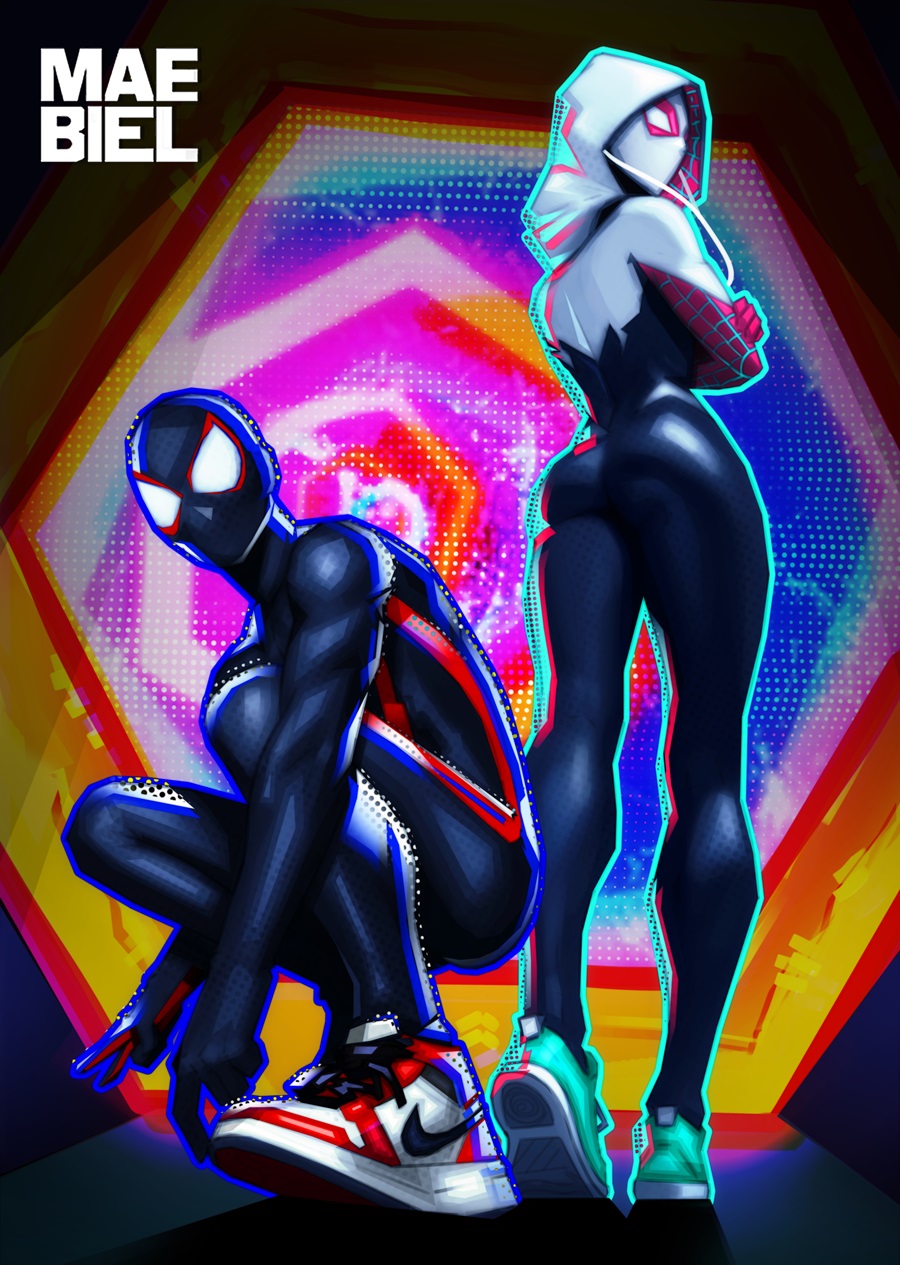 1boy 1girl alternate_costume bodysuit couple gwen_stacy highres maebiel marvel miles_morales nike_(company) shoes spider-man spider-man:_across_the_spider-verse spider-man:_into_the_spider-verse spider-man_(series) spider-verse superhero_costume