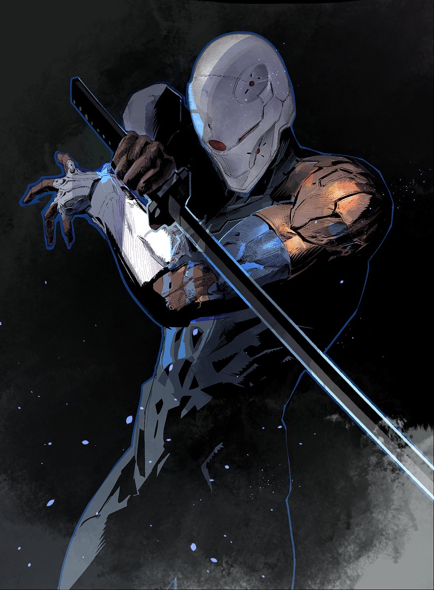 1boy armor cofffee cyborg cyborg_ninja fighting_stance gloves gray_fox helmet holding holding_sword holding_weapon mask metal_gear_(series) metal_gear_solid ninja one-eyed science_fiction solo sword weapon