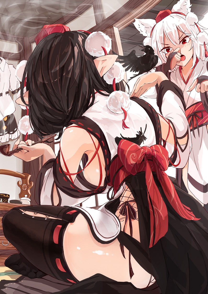 2girls angry ass bird black_footwear black_hair bow commentary_request covering_nose crow dress highres inubashiri_momiji kagami_toufu multiple_girls no_shoes pointing pom_pom_(clothes) red_bow red_headwear shameimaru_aya sitting smoke smoking_pipe toes touhou white_dress white_hair