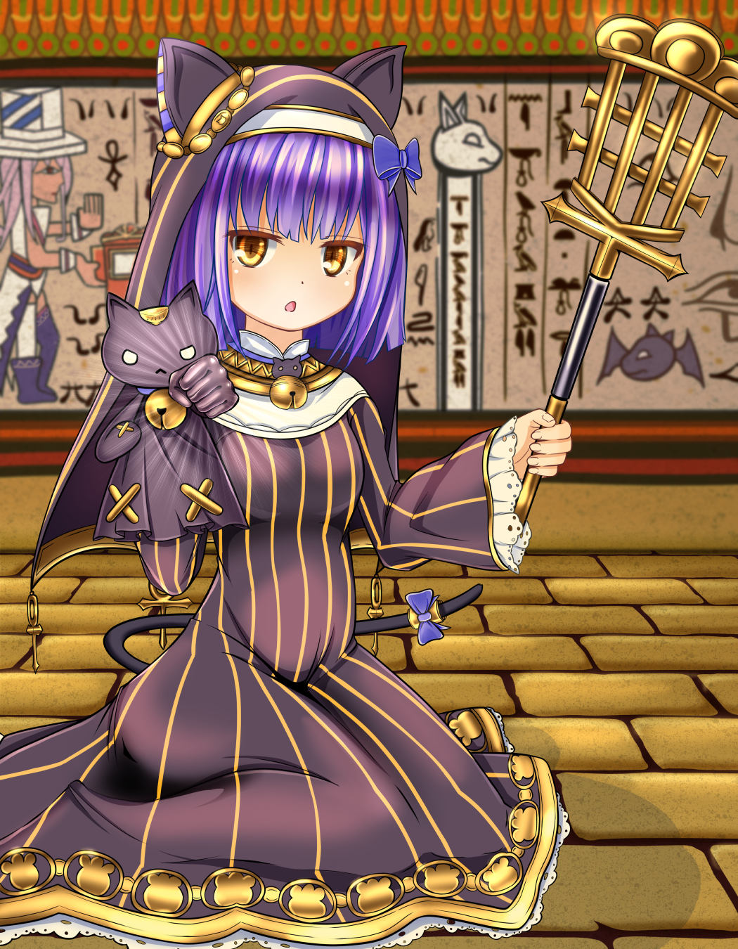 aneten animal_ear_headwear animal_hood bastet_lore blue_hair breasts cat_girl cat_hood cat_tail emil_chronicle_online fake_animal_ears hair_ribbon highres holding holding_staff hood nun ribbon sitting small_breasts staff tail tail_ornament tail_ribbon yellow_eyes
