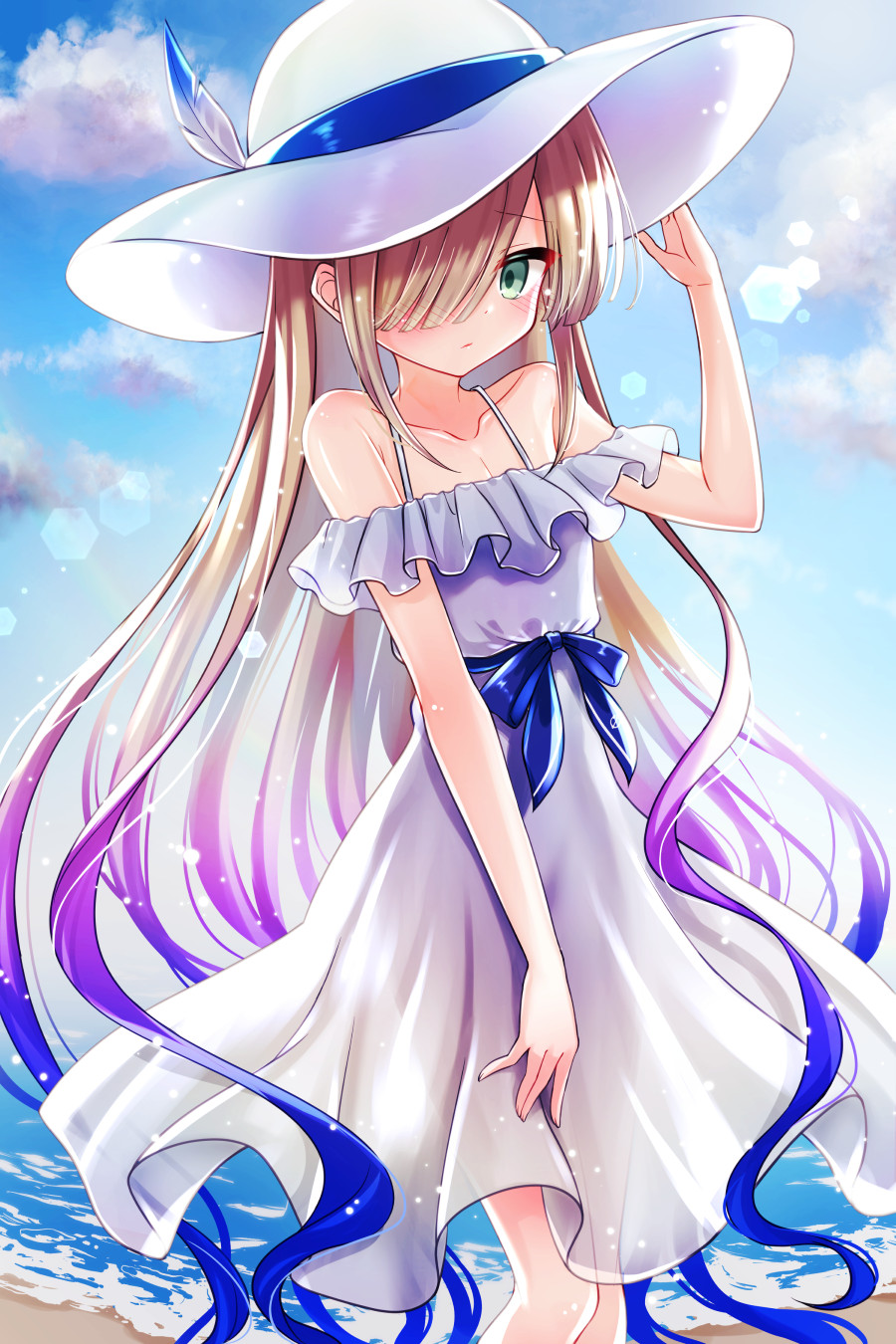 1boy beach blue_hair blue_sky captain_nemo_(fate) crossdressing day dress fate/grand_order fate_(series) gradient_hair green_eyes hair_over_one_eye hat highres light_brown_hair long_hair male_focus multicolored_hair nemo_(fate) ocean outdoors shell_ocean sky sleeveless sleeveless_dress standing sun_hat sundress trap very_long_hair white_dress white_hat