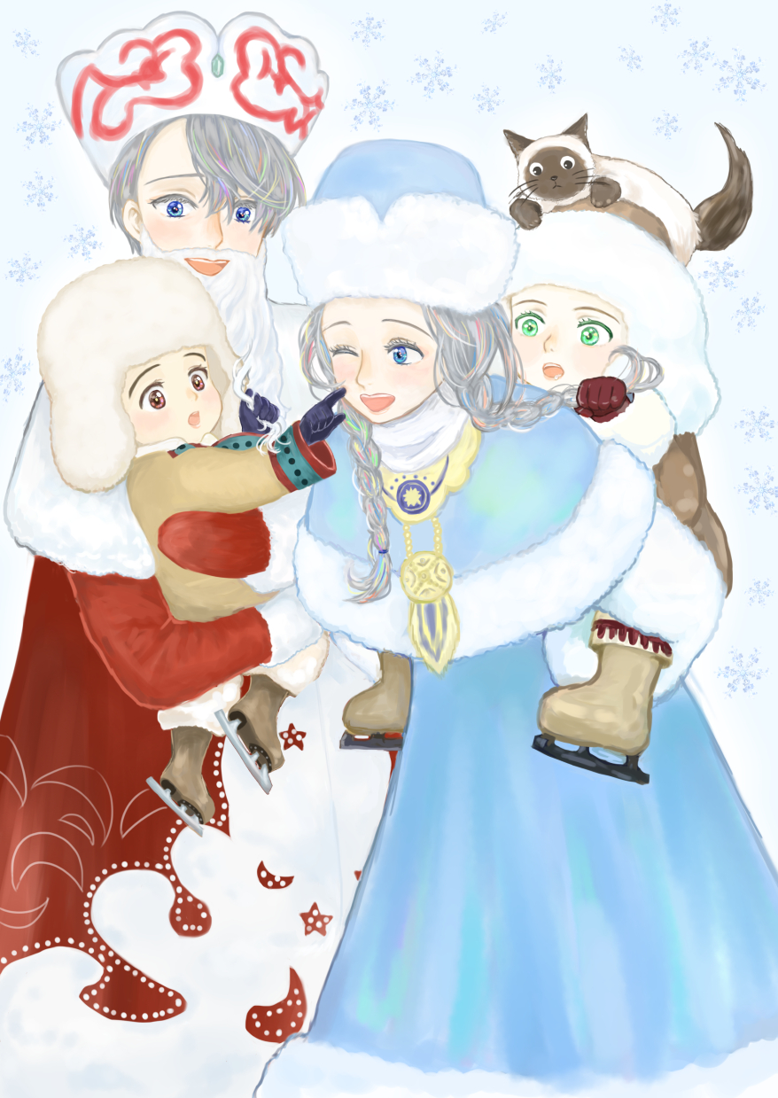 4boys ;d aged_down beard blue_eyes blue_gloves braid brown_eyes capelet carrying cat child coat dual_persona facial_hair gloves green_eyes hat highres ice_skates ichigo_daifuku_(blumenwalzer0903) katsuki_yuuri male_focus multiple_boys one_eye_closed open_mouth piggyback puma_tiger_scorpion red_gloves russian_clothes silver_hair skates smile twin_braids viktor_nikiforov yuri!!!_on_ice yuri_plisetsky