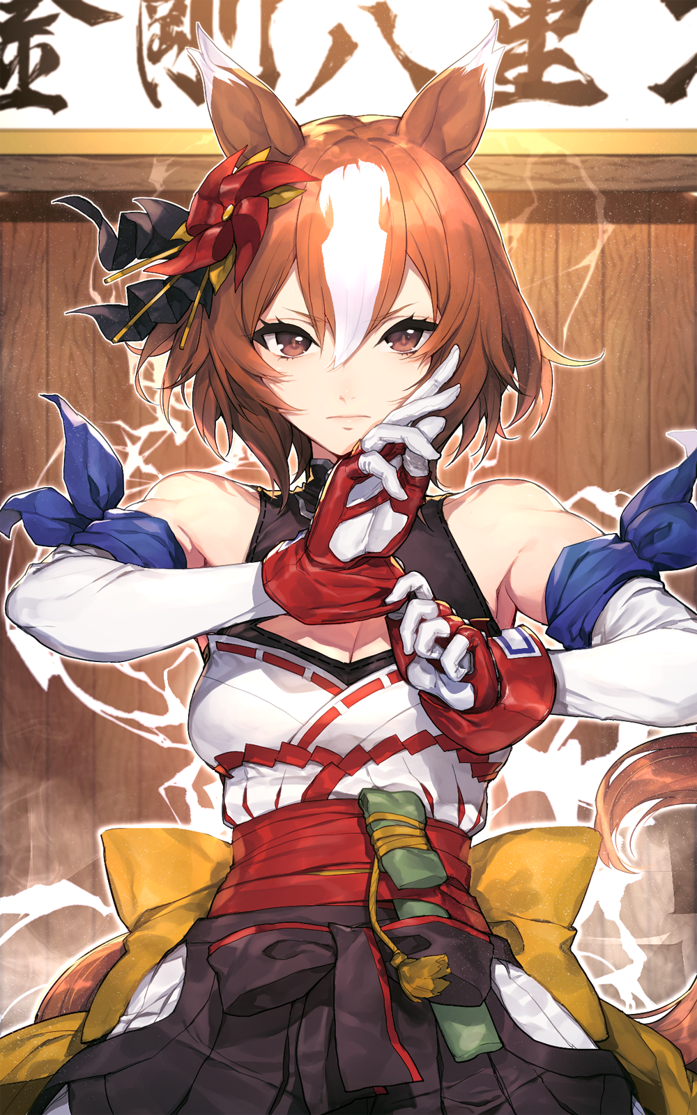 1girl adjusting_clothes adjusting_gloves animal_ears aura bare_shoulders bow breasts brown_eyes brown_hair cleavage closed_mouth commentary_request cowboy_shot elbow_gloves gloves hair_between_eyes hakama hakama_skirt hands_up highres hitoto horse_ears horse_girl horse_tail japanese_clothes kimono looking_at_viewer multicolored_hair obi pinwheel_hair_ornament sash short_hair skirt sleeveless sleeveless_kimono solo tail toned umamusume white_gloves white_hair white_kimono wooden_wall yaeno_muteki_(umamusume)