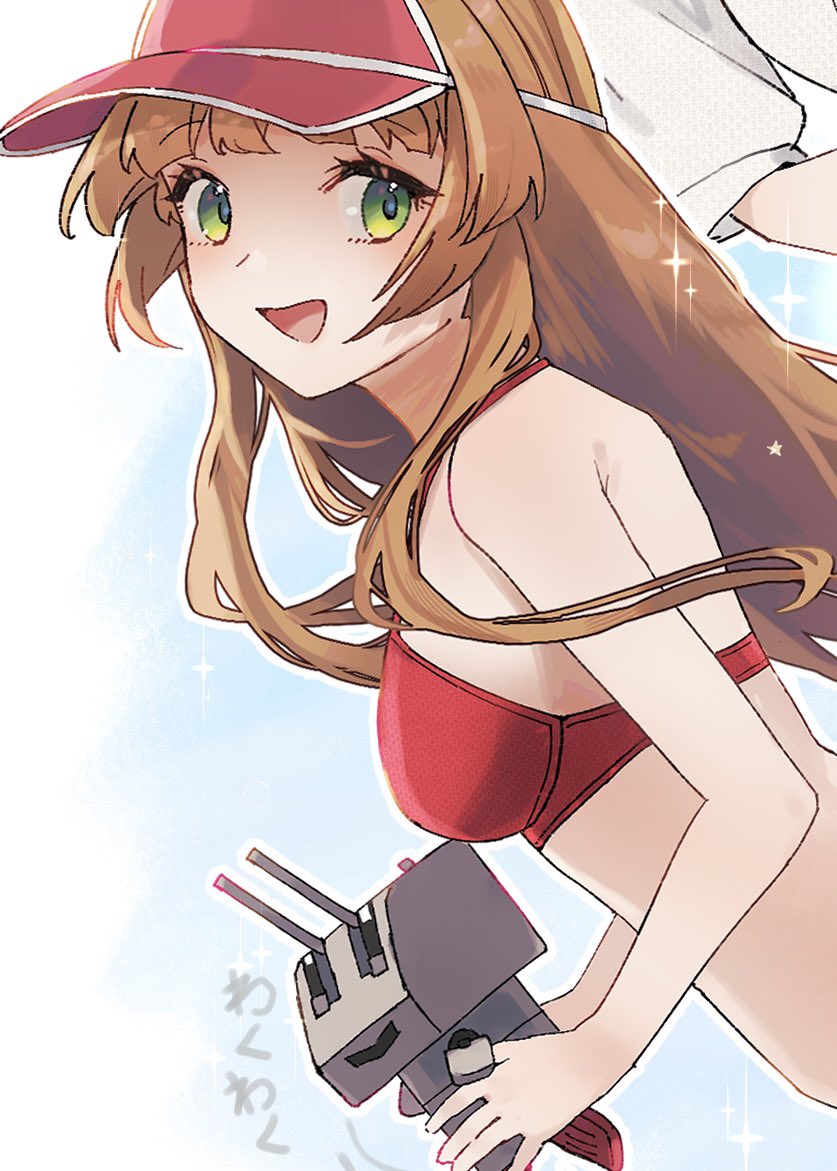 1girl bikini breasts brown_eyes commentary_request green_eyes hat helena_(kancolle) helena_(swimsuit)_(kancolle) kantai_collection long_hair medium_breasts red_bikini red_hat smile solo swimsuit translation_request upper_body visor_cap yamashichi_(mtseven)