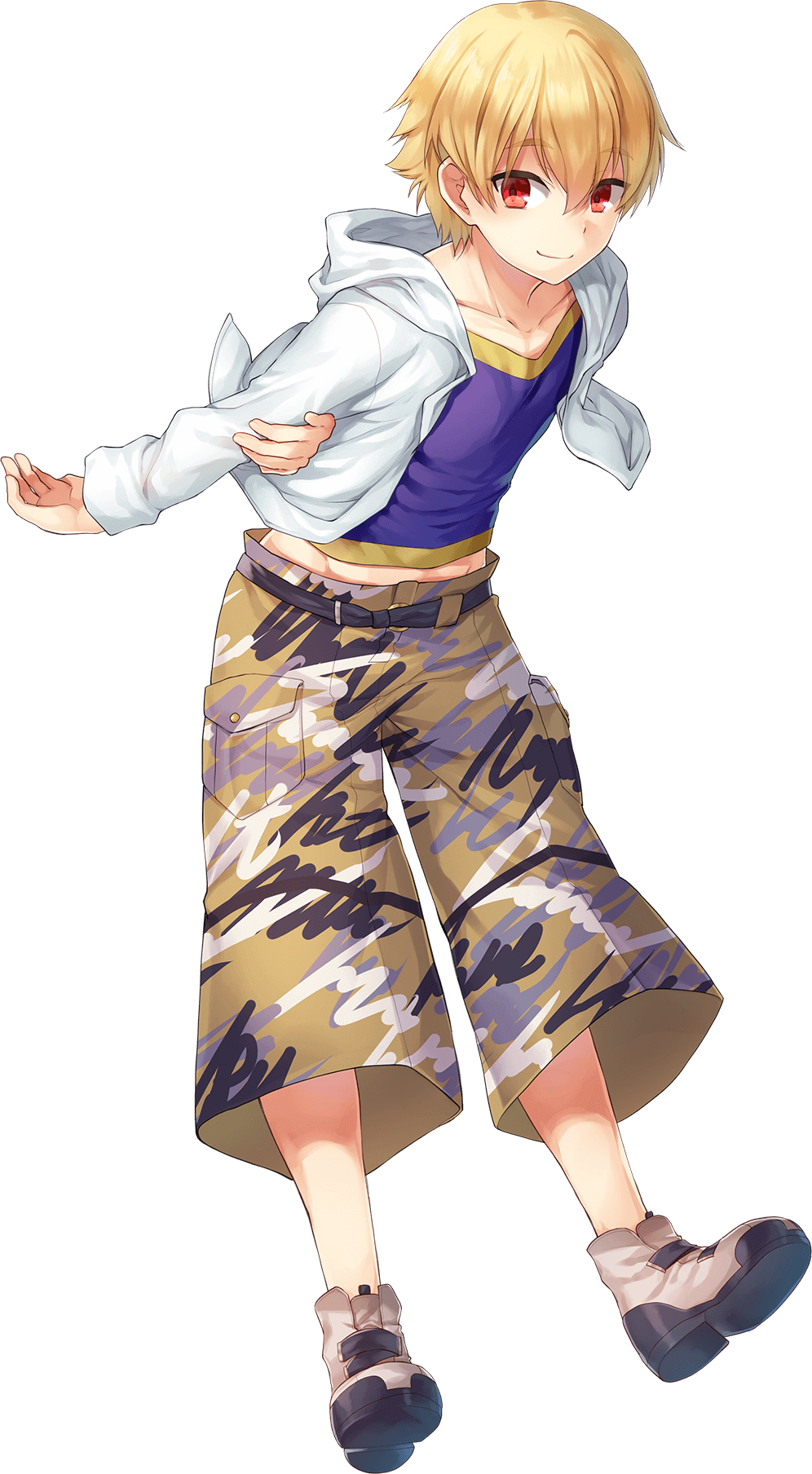 1boy blonde_hair child child_gilgamesh_(fate) fate/grand_order fate_(series) full_body game_cg gilgamesh_(fate) hair_between_eyes highres hood jacket looking_at_viewer male_focus midriff non-web_source official_art red_eyes shirt short_hair shorts smile solo tachi-e tenkuu_sphere transparent_background