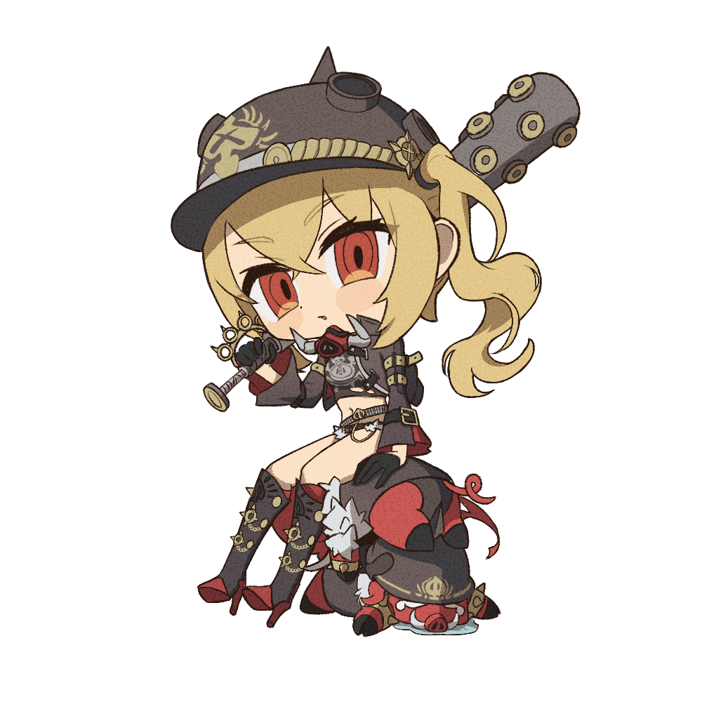 1girl :o baseball_bat black_boots black_gloves black_helmet black_jacket black_shorts blonde_hair boar boots brass_knuckles chibi combat_helmet full_body gloves hair_between_eyes helmet high_heels holding holding_baseball_bat jacket knee_boots long_hair long_sleeves looking_at_viewer luciana_de_montefio mask mask_around_neck metal_baseball_bat midriff navel over_shoulder pickelhaube pig red_eyes respirator shorts side_ponytail sitting sitting_on_animal solo thiepriest transparent_background weapon weapon_over_shoulder zenless_zone_zero