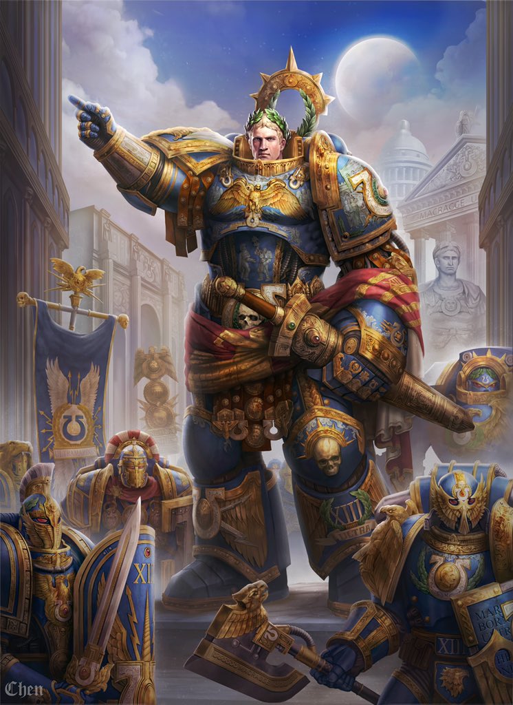 6+boys adeptus_astartes architecture armor armored_boots artist_name axe blonde_hair blue_eyes boots chenart12 closed_mouth dreadnought_(warhammer_40k) flag full_armor full_body full_moon gauntlets greco-roman_architecture helmet holding holding_axe holding_sheath holding_shield holding_sword holding_weapon imperium_of_man laurel_crown lips looking_at_viewer male_focus marble_(stone) marble_sculpture moon multiple_boys omega_symbol outdoors pauldrons pointing primarch red_eyes roboute_guilliman roman_numeral sheath shield short_hair shoulder_armor skull_ornament space_marine standing statue sword ultramarines warhammer_40k weapon